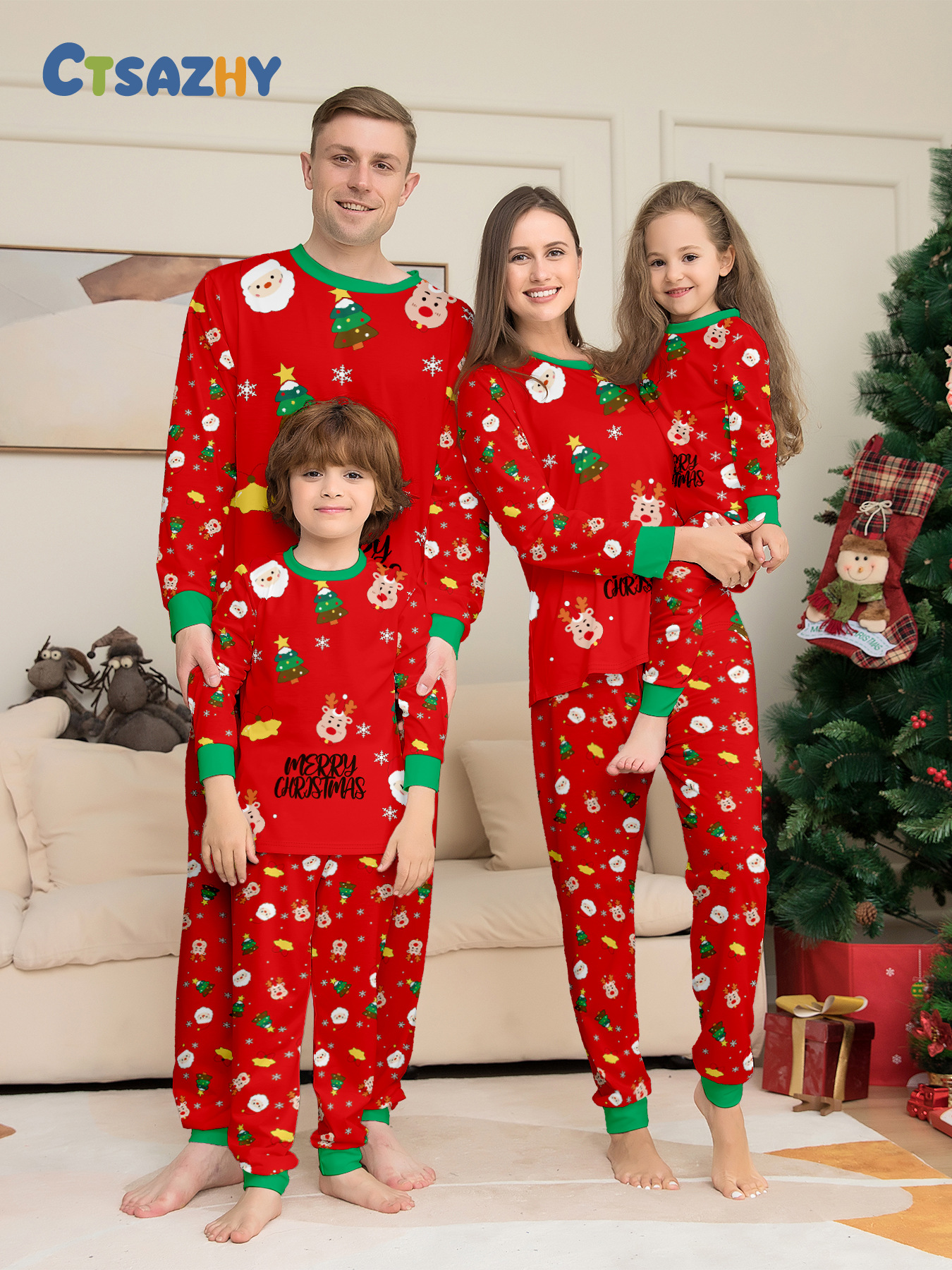 Multi‑Christmas‑Element Print Family Matching Pajamas (Red / Black / White 3‑Colors)