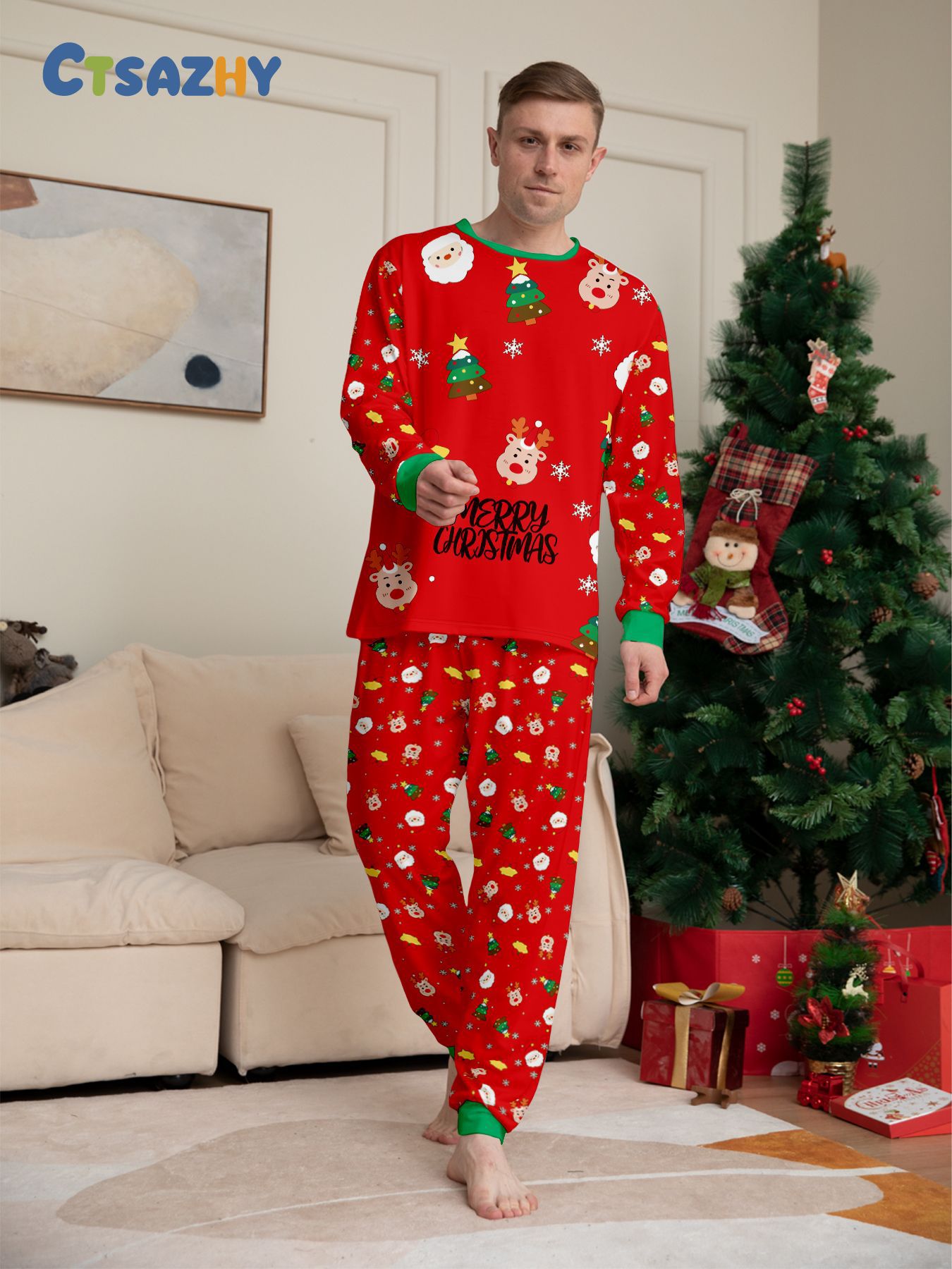 Multi‑Christmas‑Element Print Family Matching Pajamas (Red / Black / White 3‑Colors)