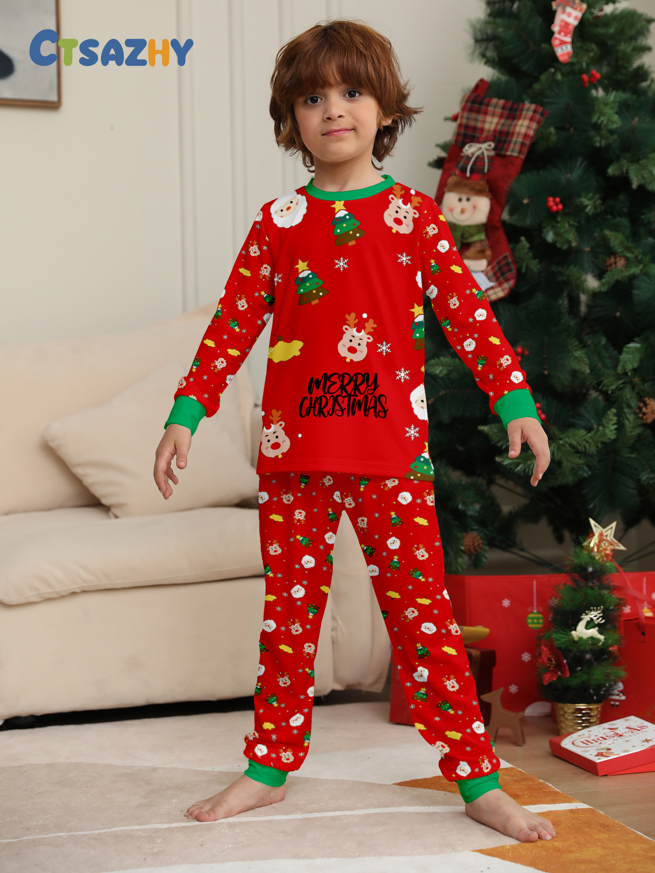 Multi‑Christmas‑Element Print Family Matching Pajamas (Red / Black / White 3‑Colors)