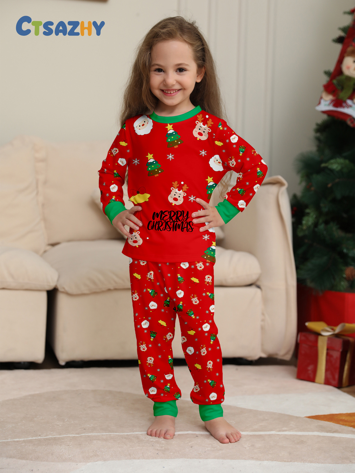 Multi‑Christmas‑Element Print Family Matching Pajamas (Red / Black / White 3‑Colors)