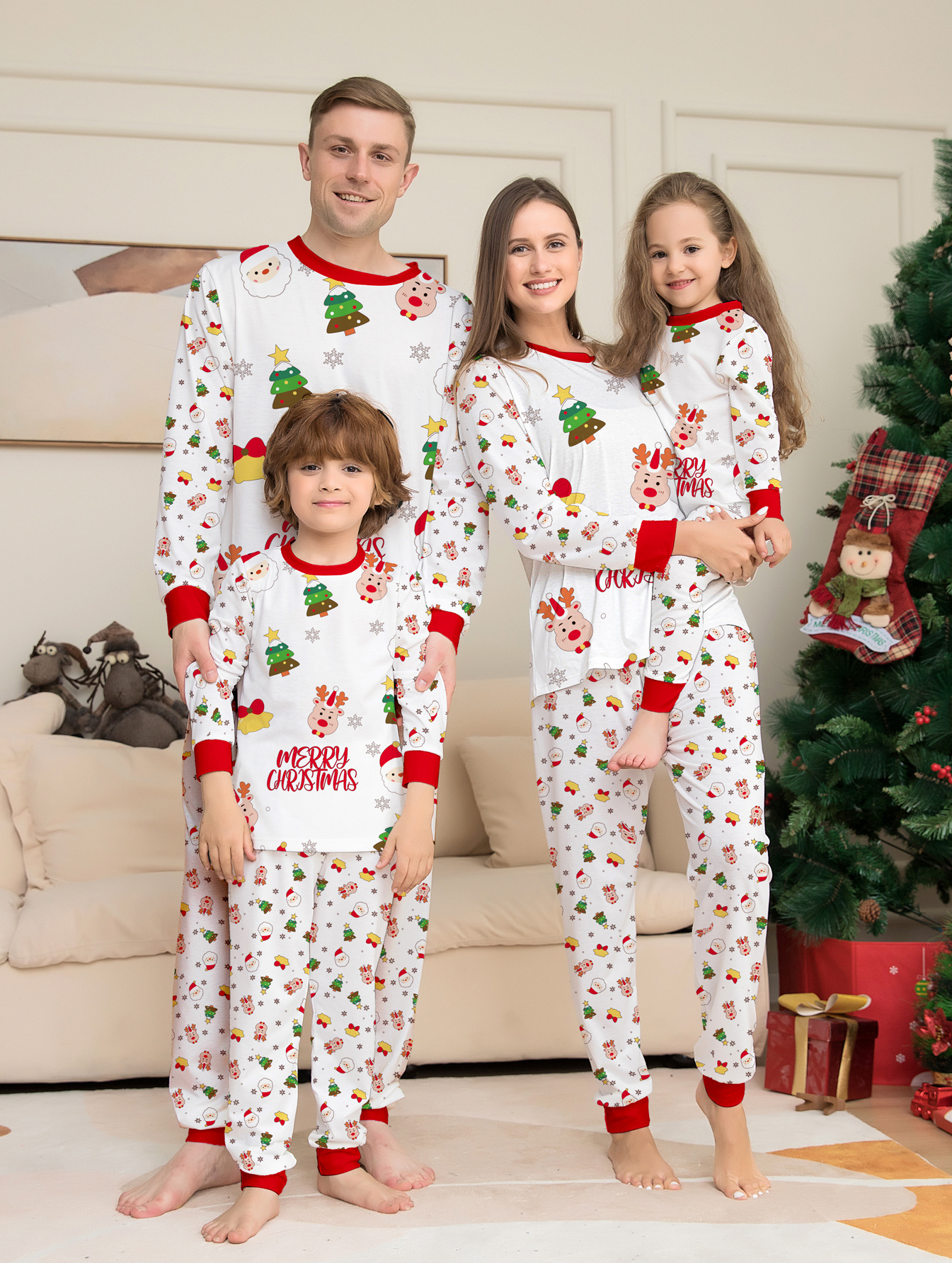 Multi‑Christmas‑Element Print Family Matching Pajamas (Red / Black / White 3‑Colors)
