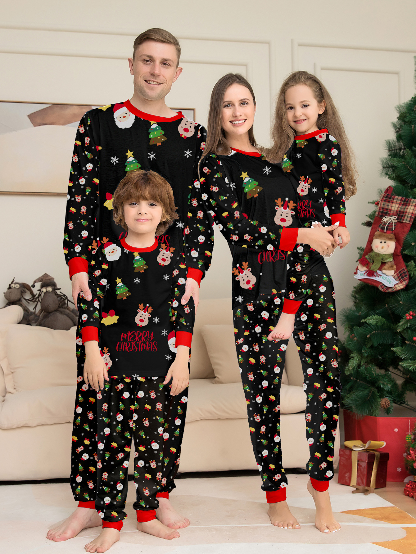 Multi‑Christmas‑Element Print Family Matching Pajamas (Red / Black / White 3‑Colors)