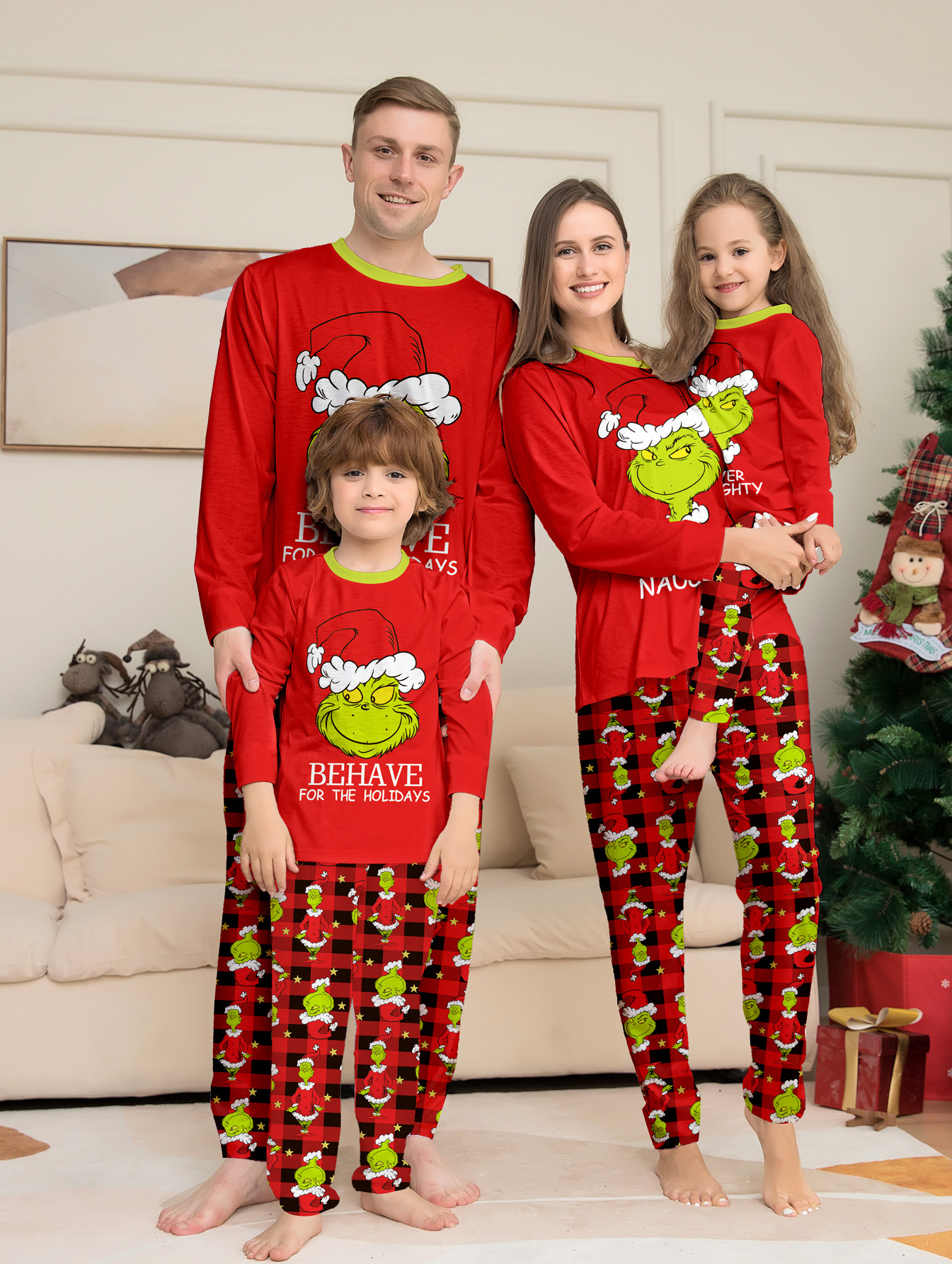 Grinch Red‑Black Plaid Family Christmas Pajamas