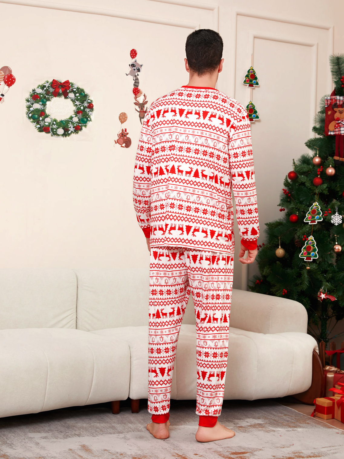 Red Nordic Reindeer Knit Pattern Family Matching Pajamas
