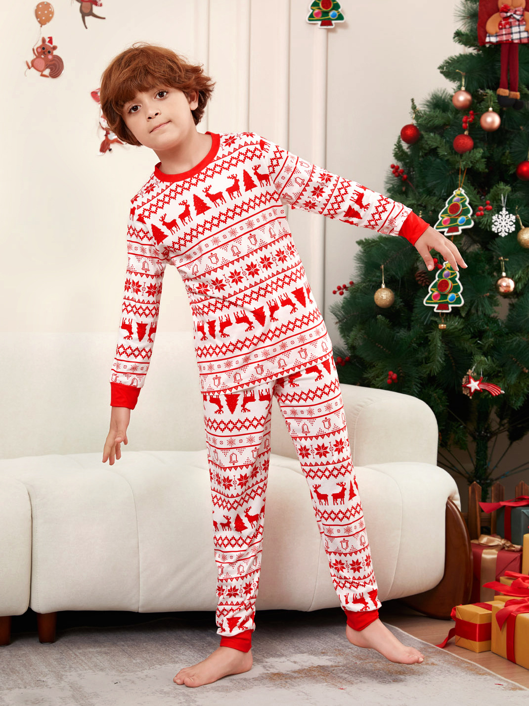Red Nordic Reindeer Knit Pattern Family Matching Pajamas
