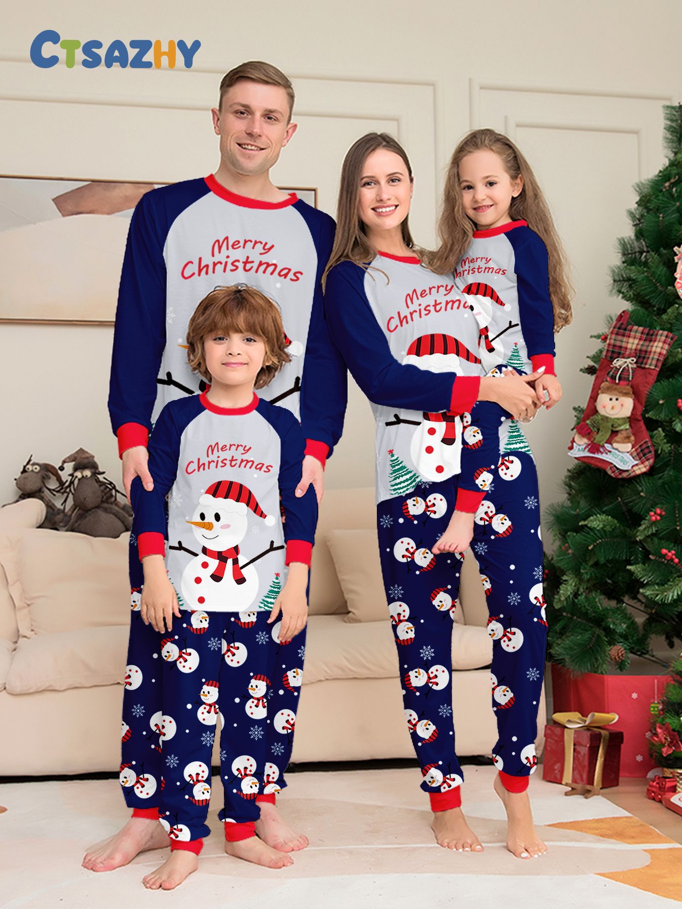 Long‑Sleeve Snowman Navy Family Matching Pajamas