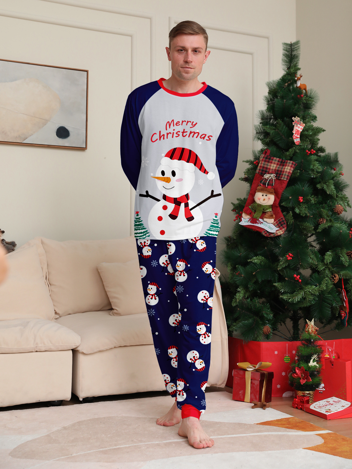 Long‑Sleeve Snowman Navy Family Matching Pajamas