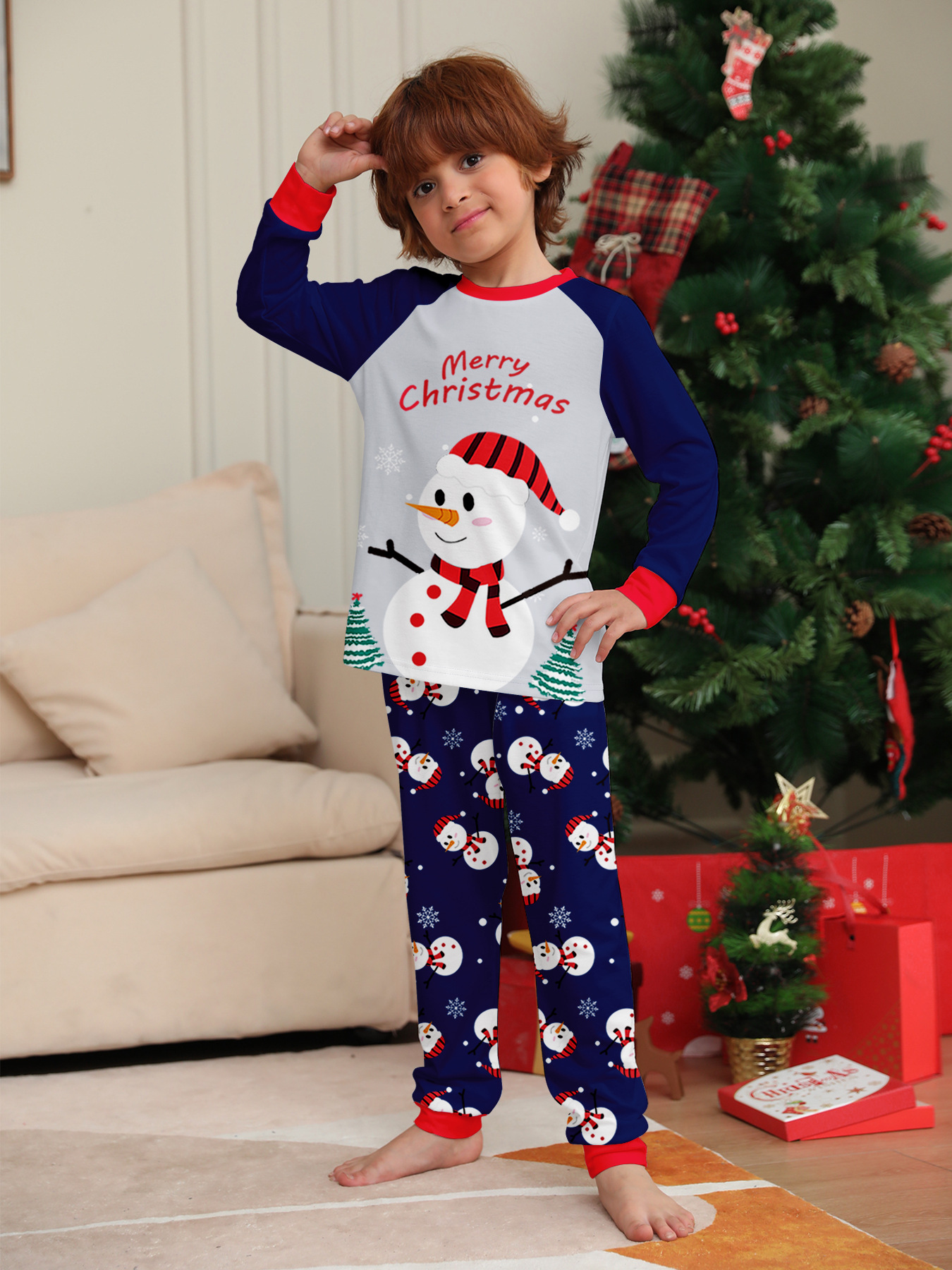 Long‑Sleeve Snowman Navy Family Matching Pajamas