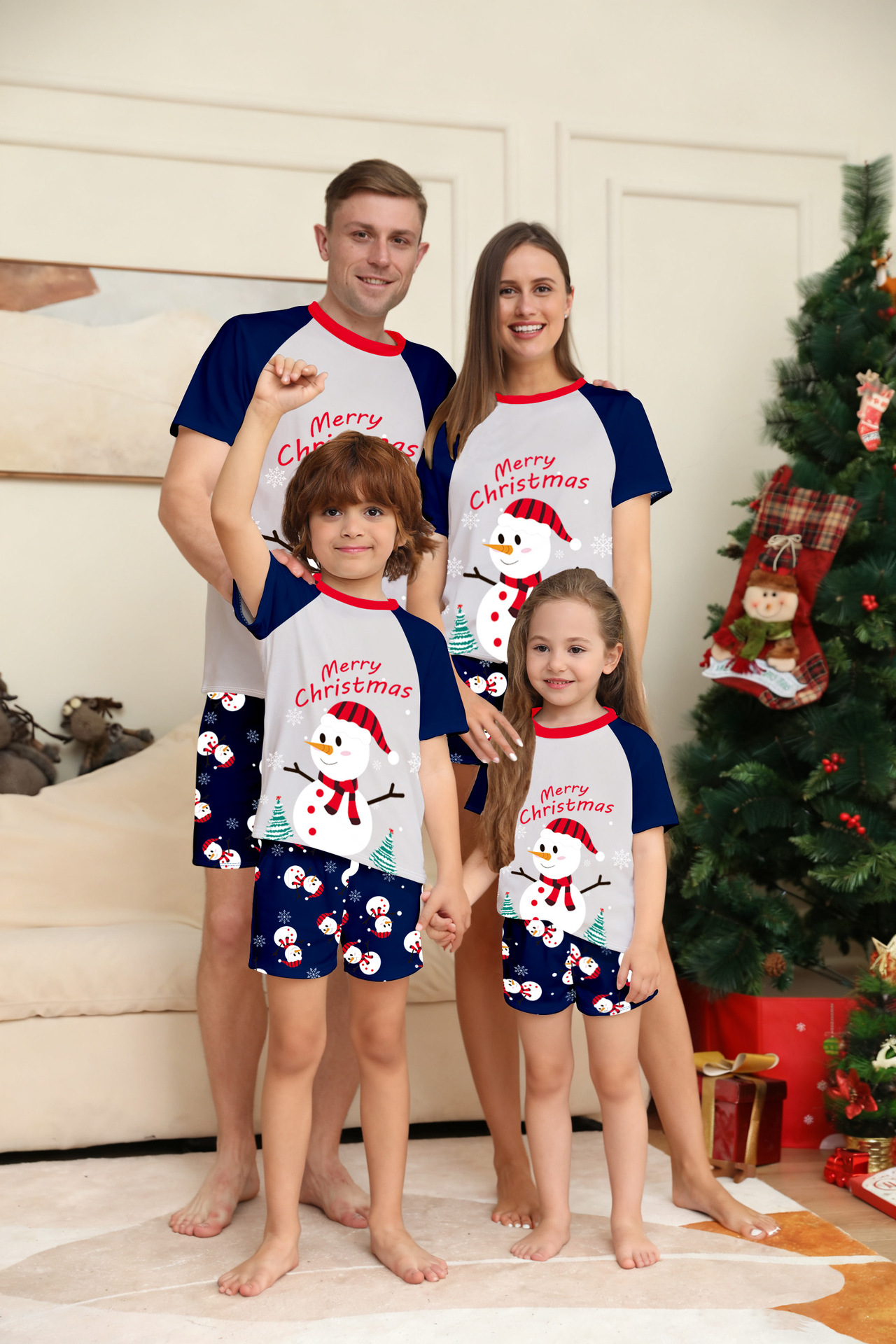 Short‑Sleeve Snowman Print Family Christmas Pajamas
