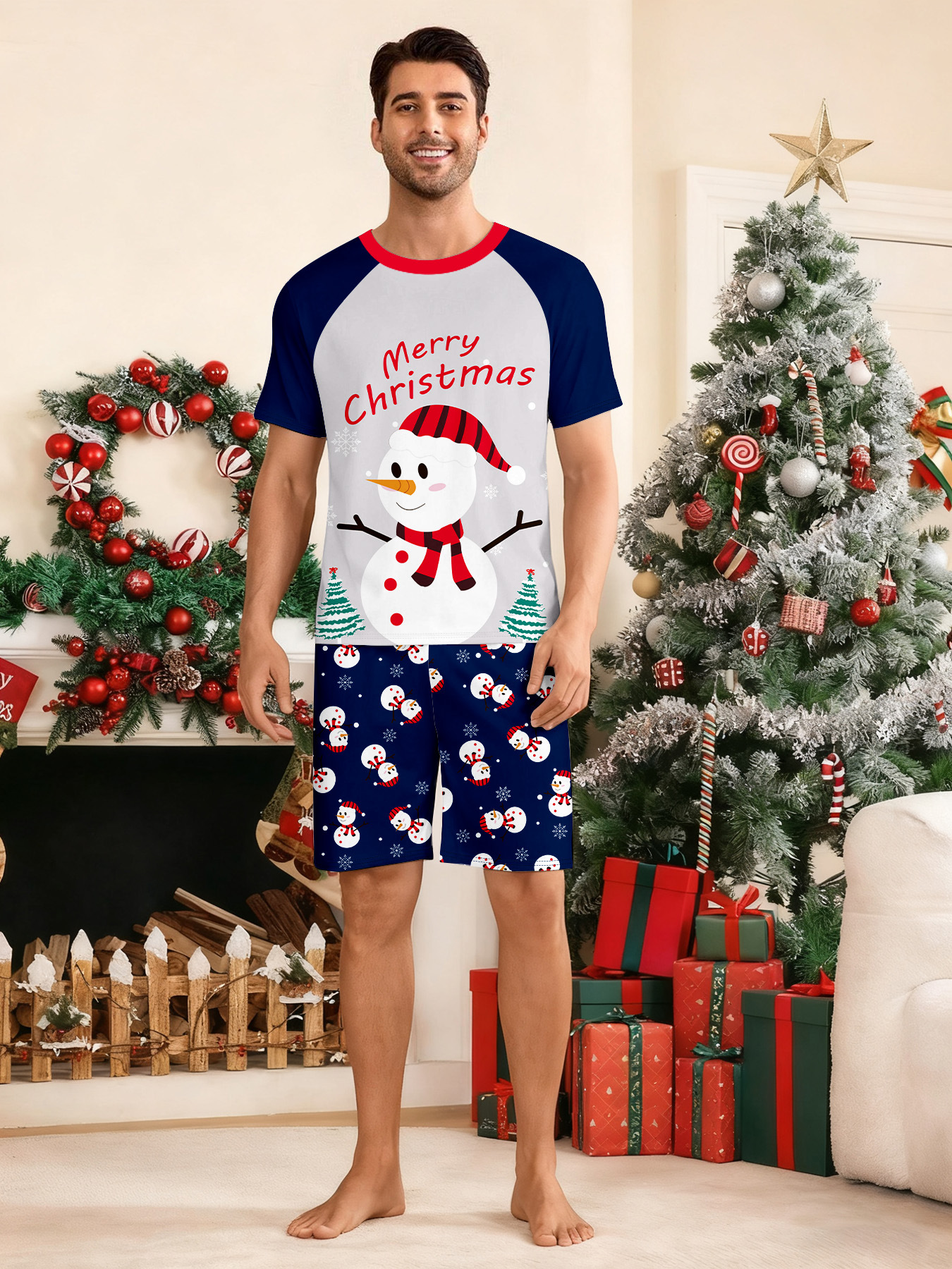Short‑Sleeve Snowman Print Family Christmas Pajamas