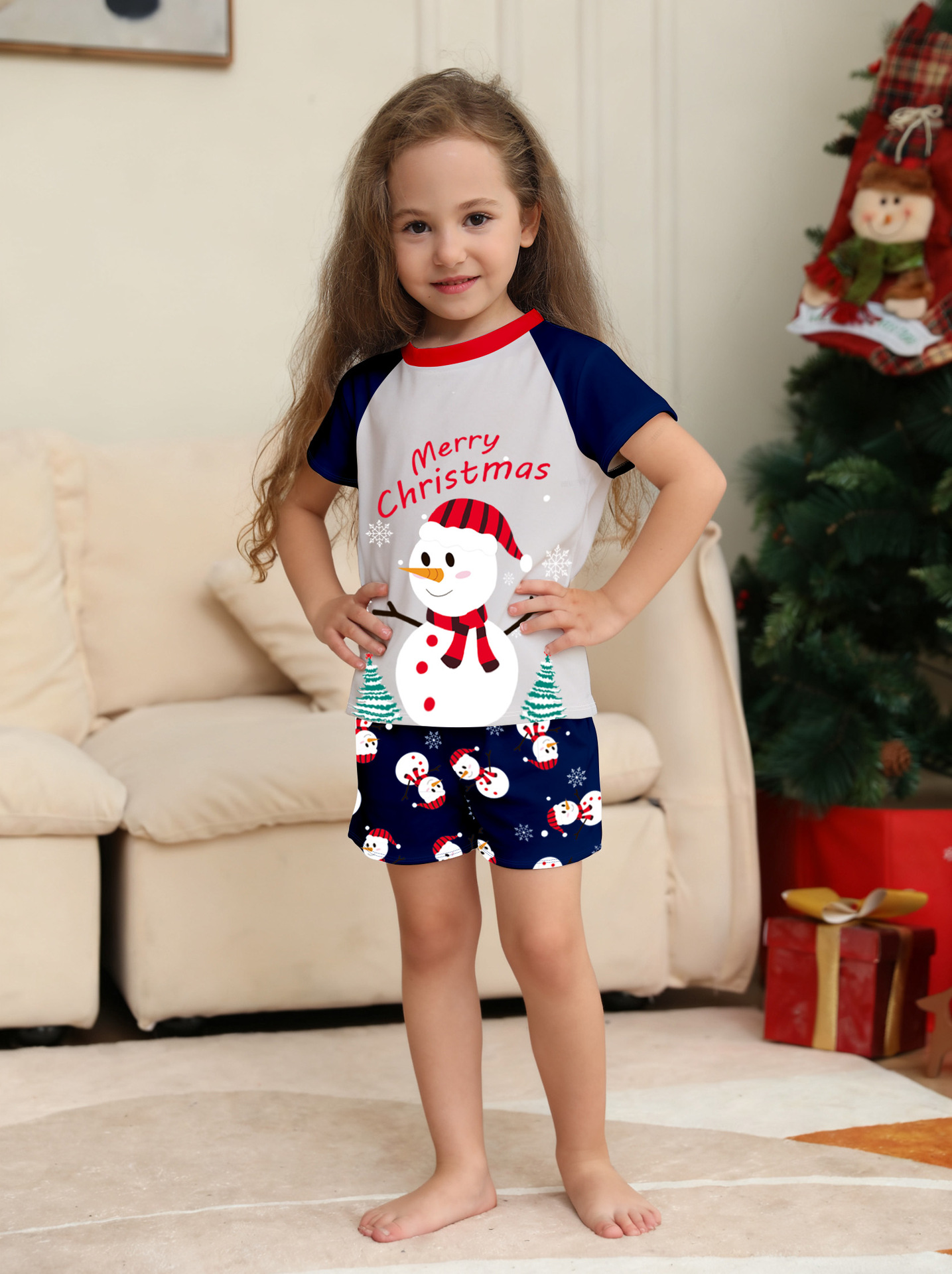 Short‑Sleeve Snowman Print Family Christmas Pajamas