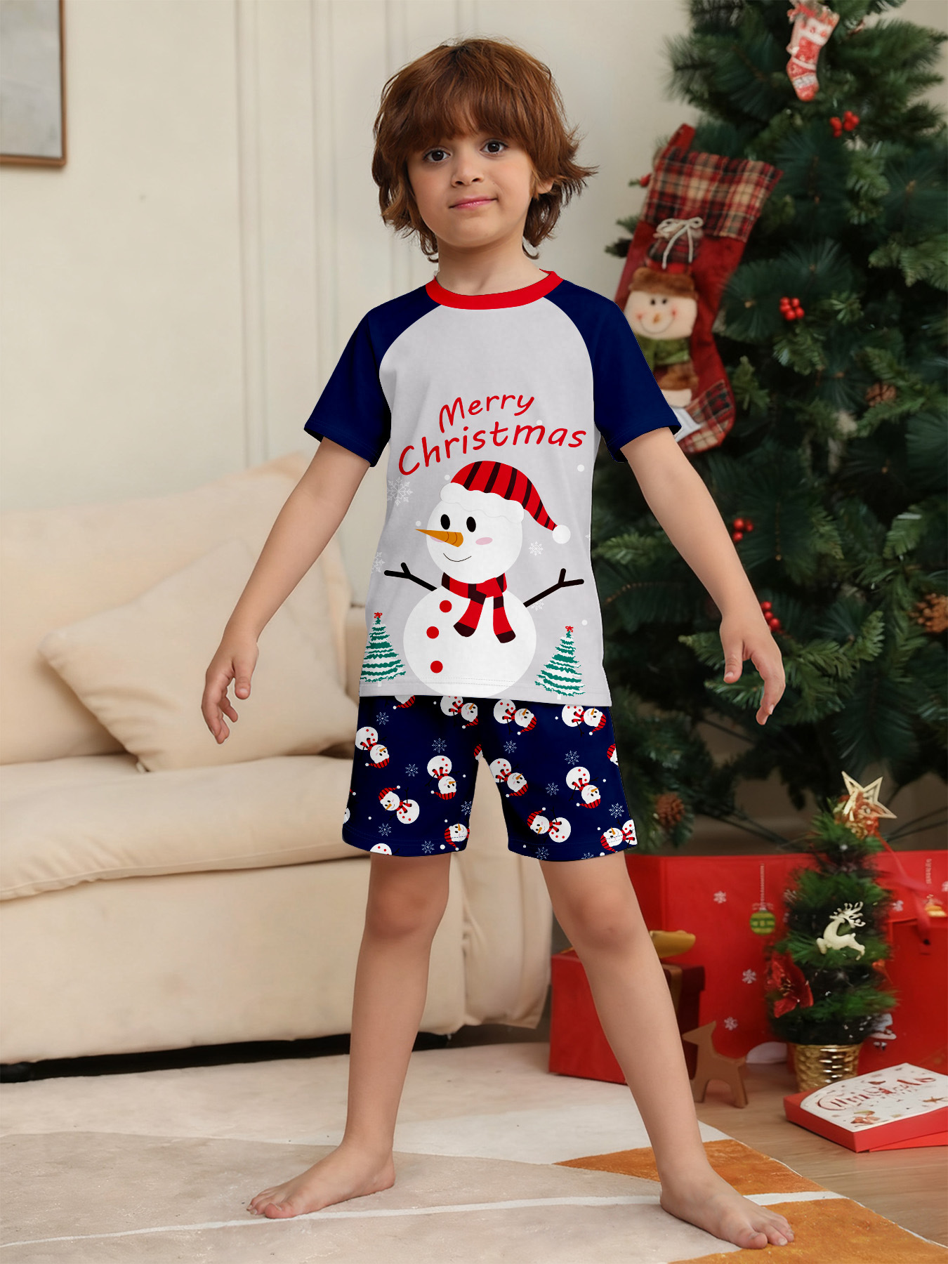 Short‑Sleeve Snowman Print Family Christmas Pajamas