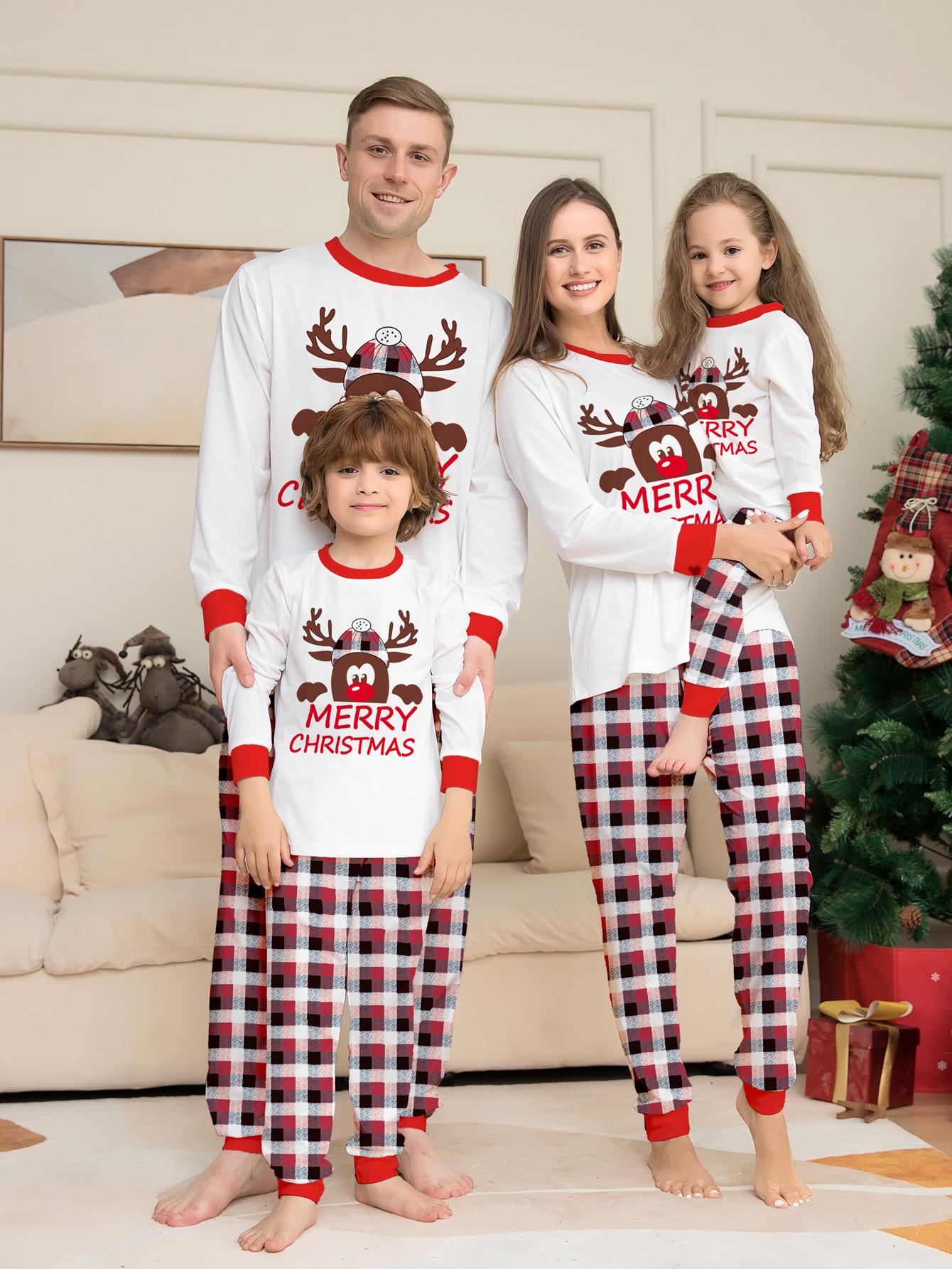 Reindeer Letter Red‑Black Plaid Family Pajamas