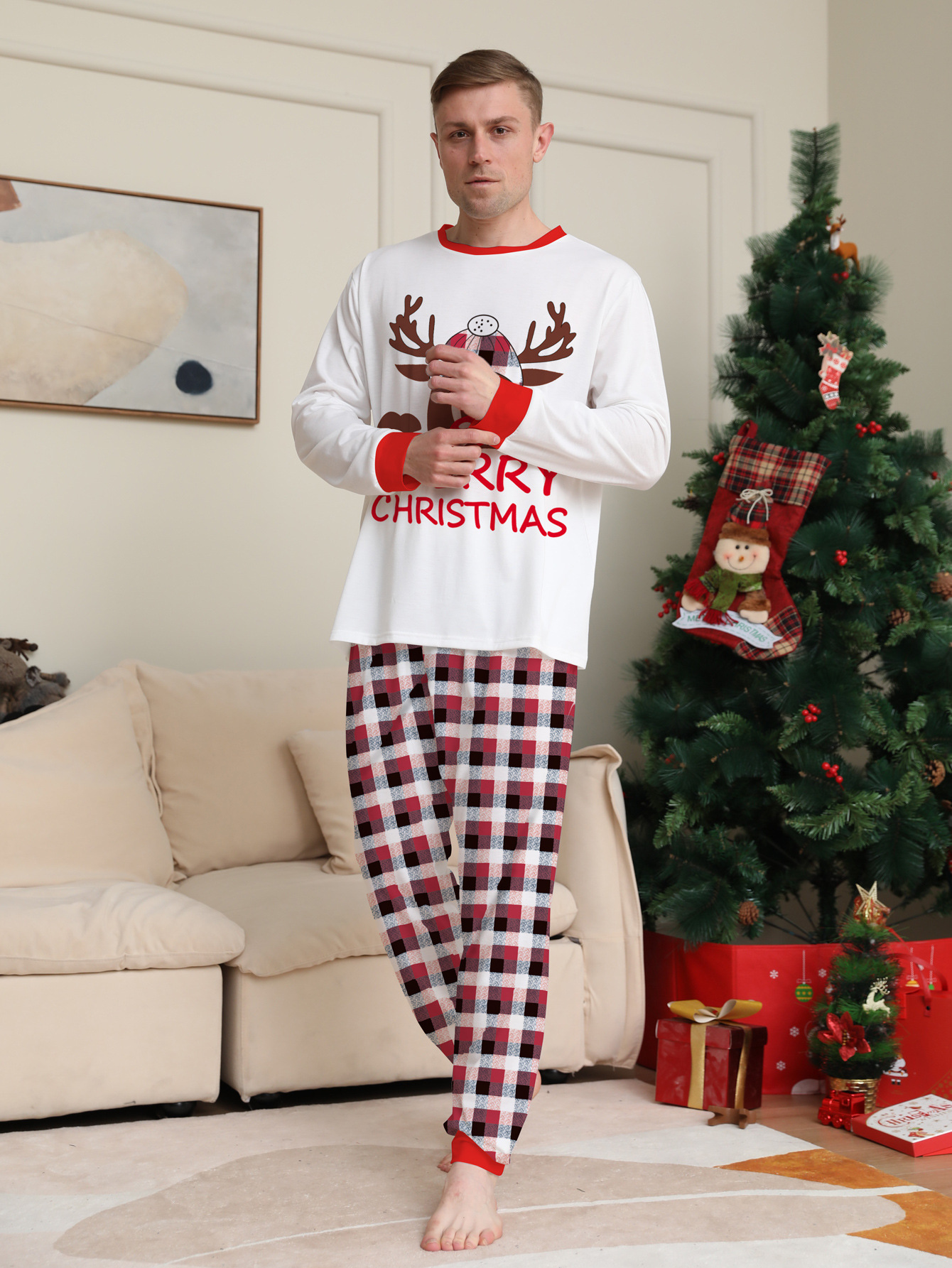 Reindeer Letter Red‑Black Plaid Family Pajamas