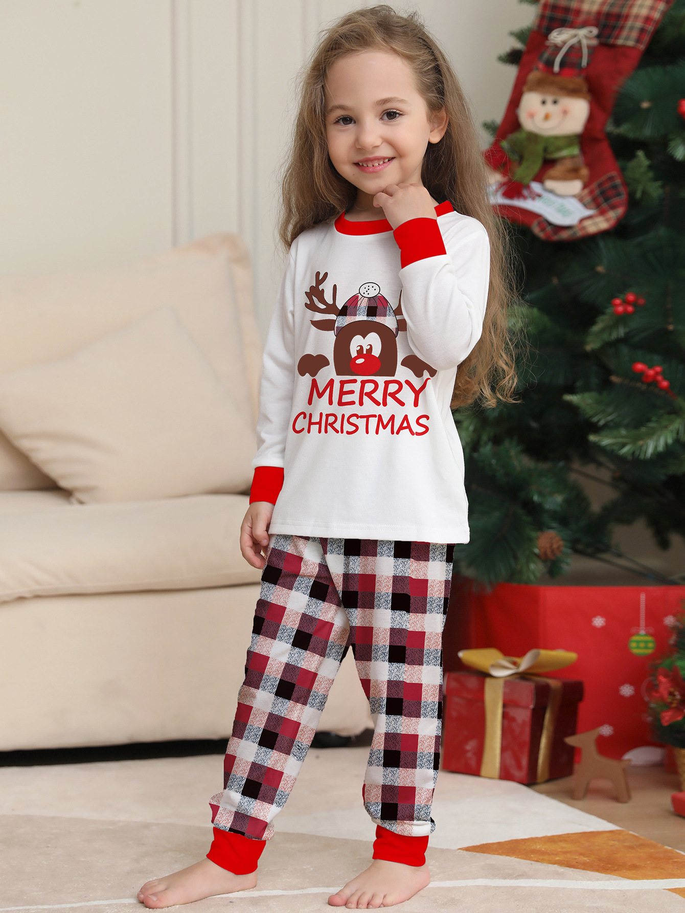 Reindeer Letter Red‑Black Plaid Family Pajamas