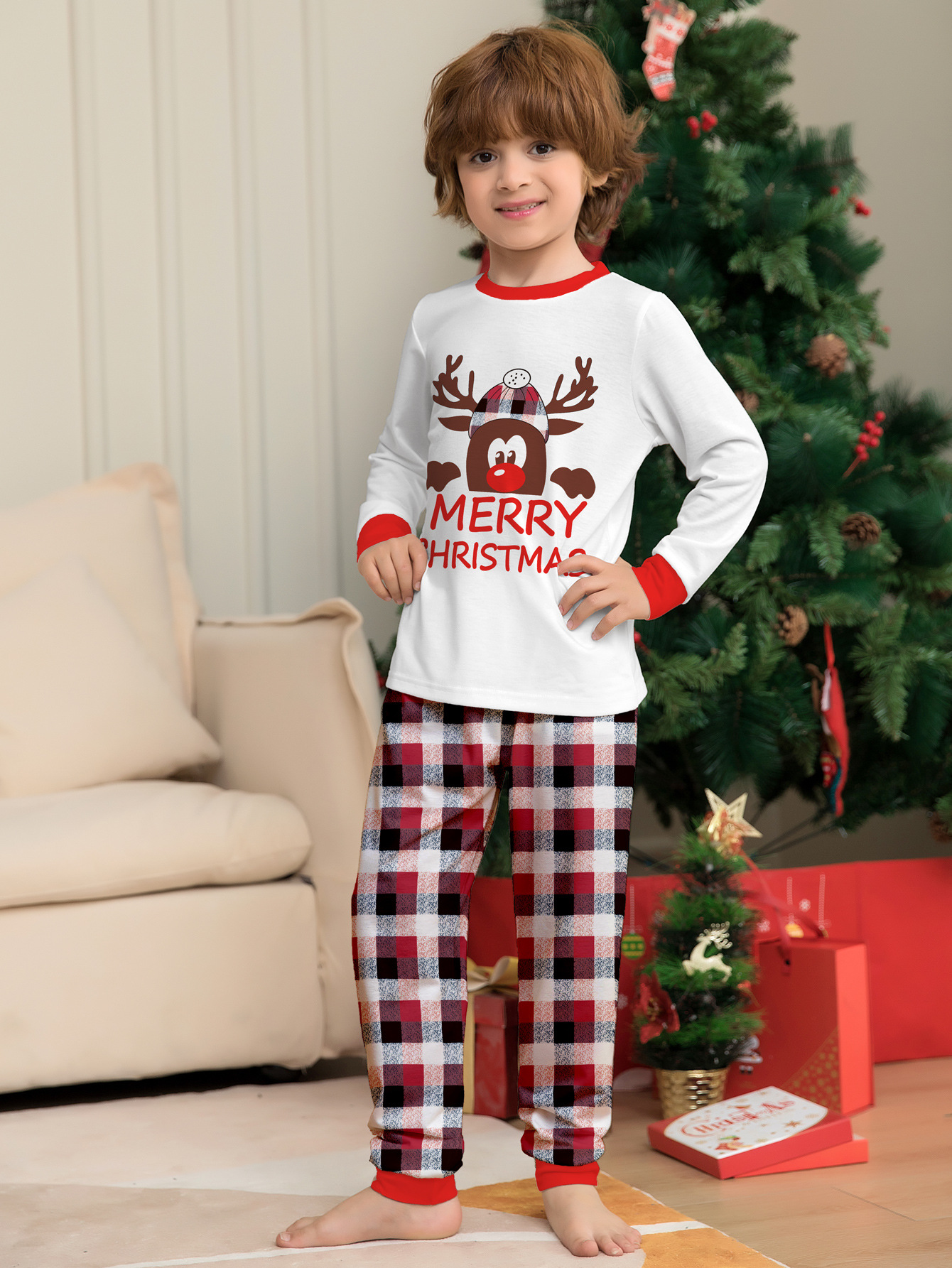 Reindeer Letter Red‑Black Plaid Family Pajamas