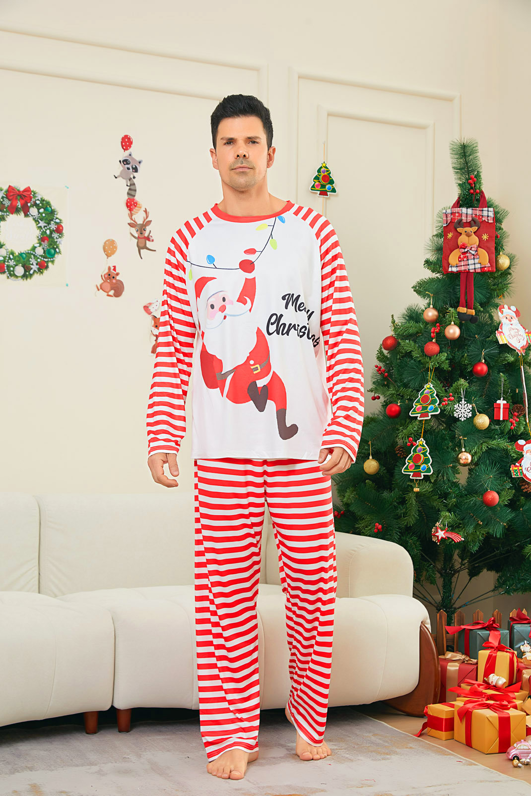 Santa Red‑White Stripe Family Matching Pajamas