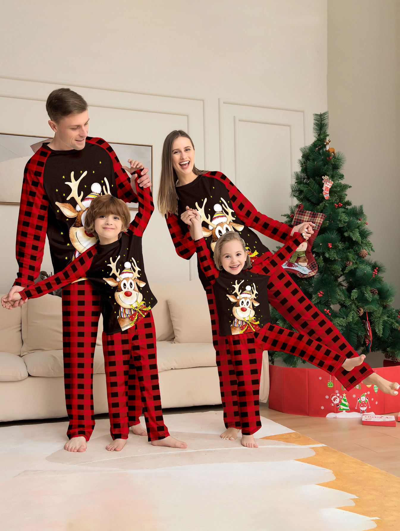 Reindeer Red‑Black Plaid Family Matching Pajamas