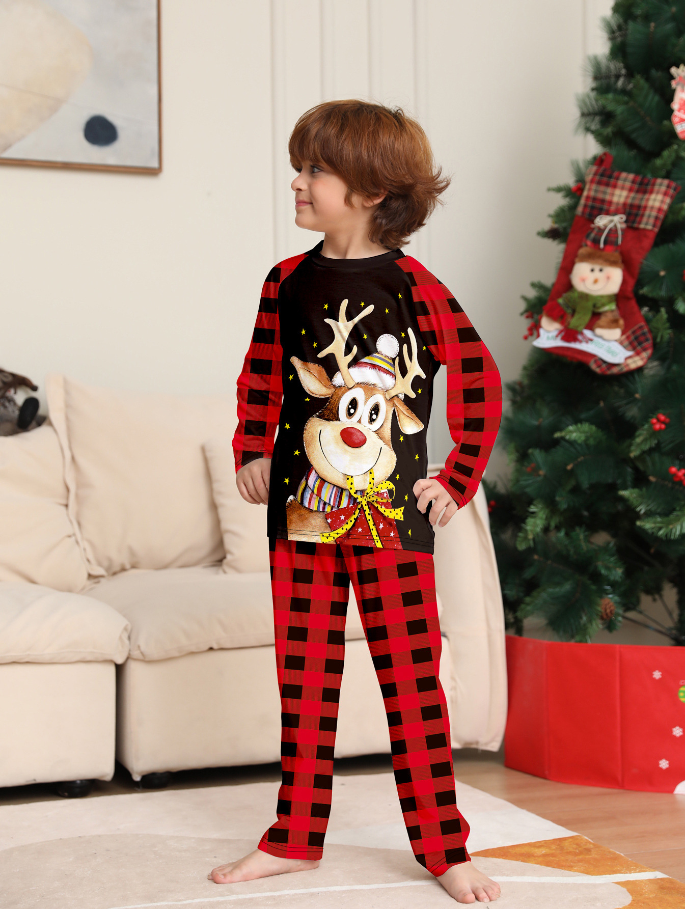 Reindeer Red‑Black Plaid Family Matching Pajamas