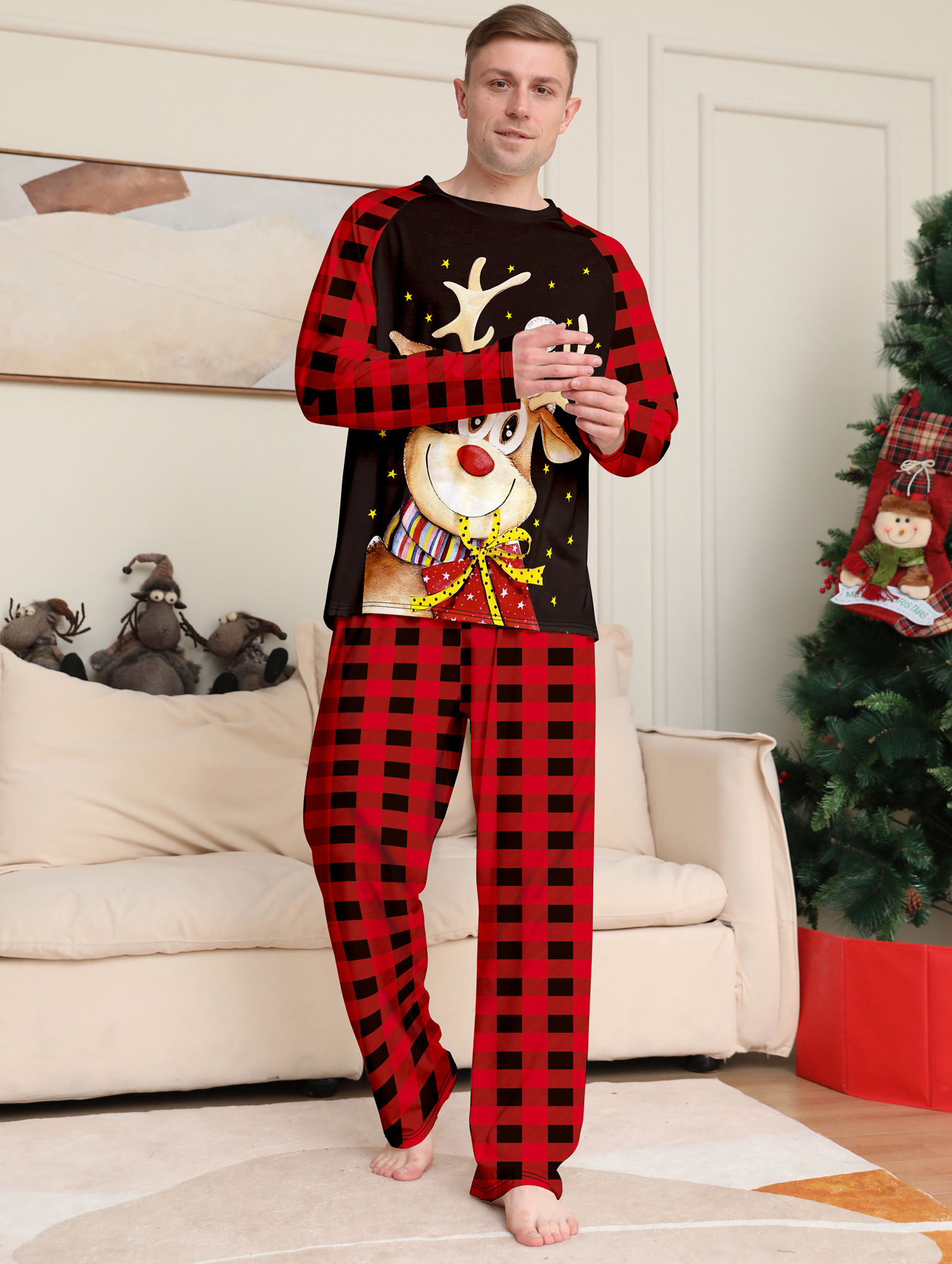 Reindeer Red‑Black Plaid Family Matching Pajamas