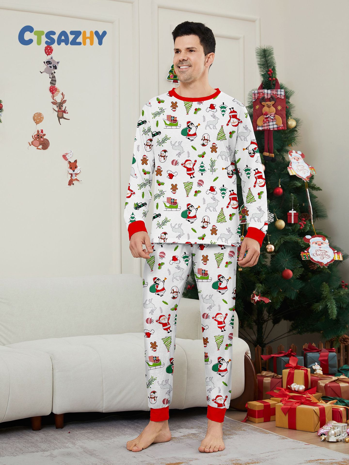 White Santa & Christmas Elements Family Pajamas