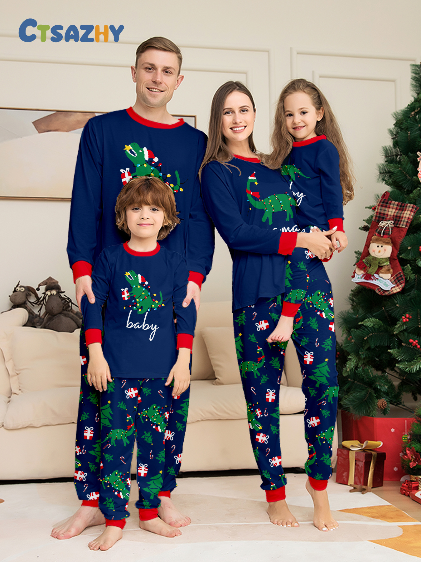 Navy Dinosaur Christmas Family Pajamas