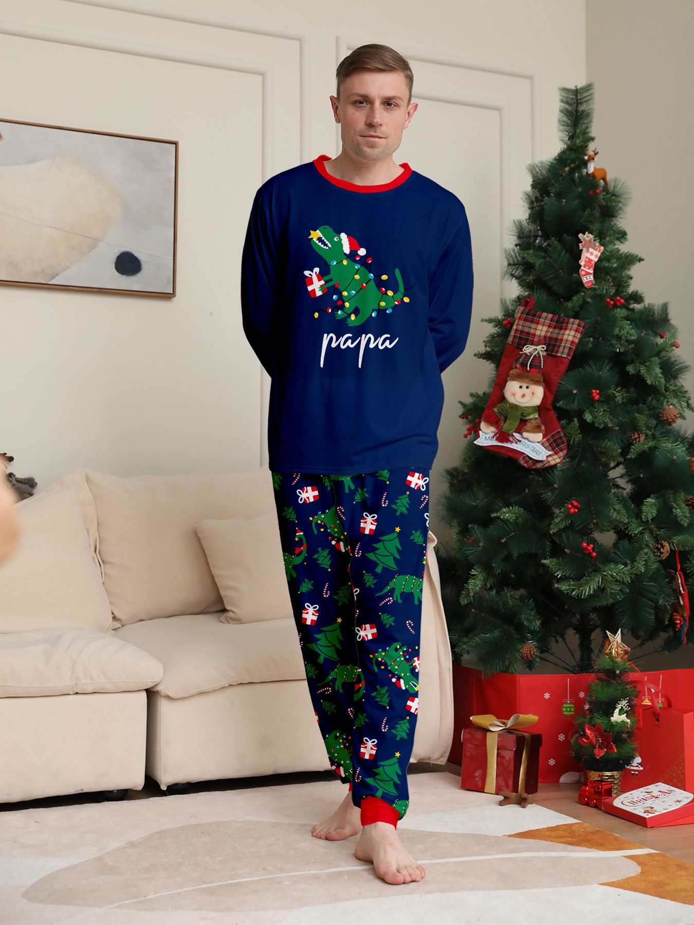 Navy Dinosaur Christmas Family Pajamas