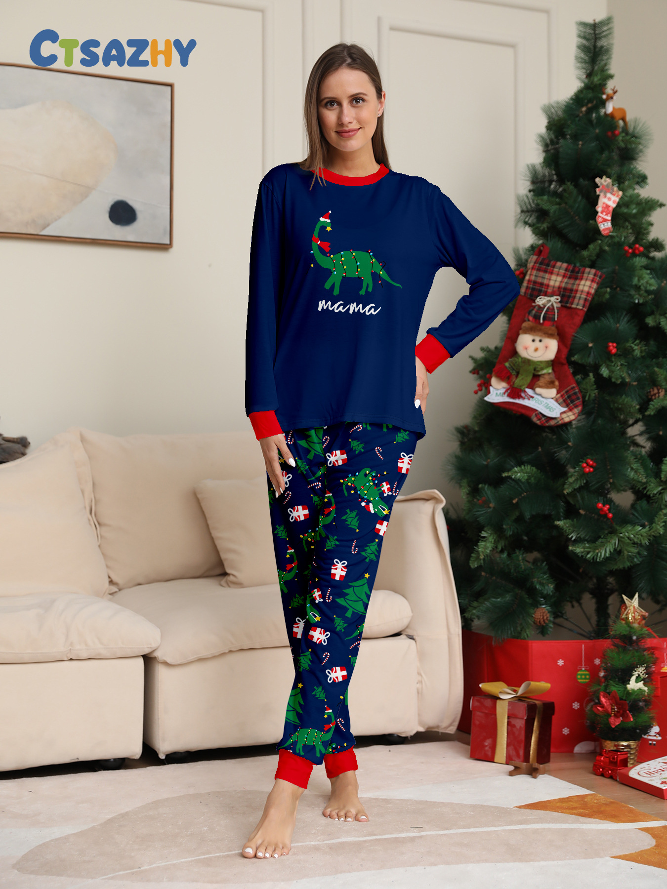 Navy Dinosaur Christmas Family Pajamas