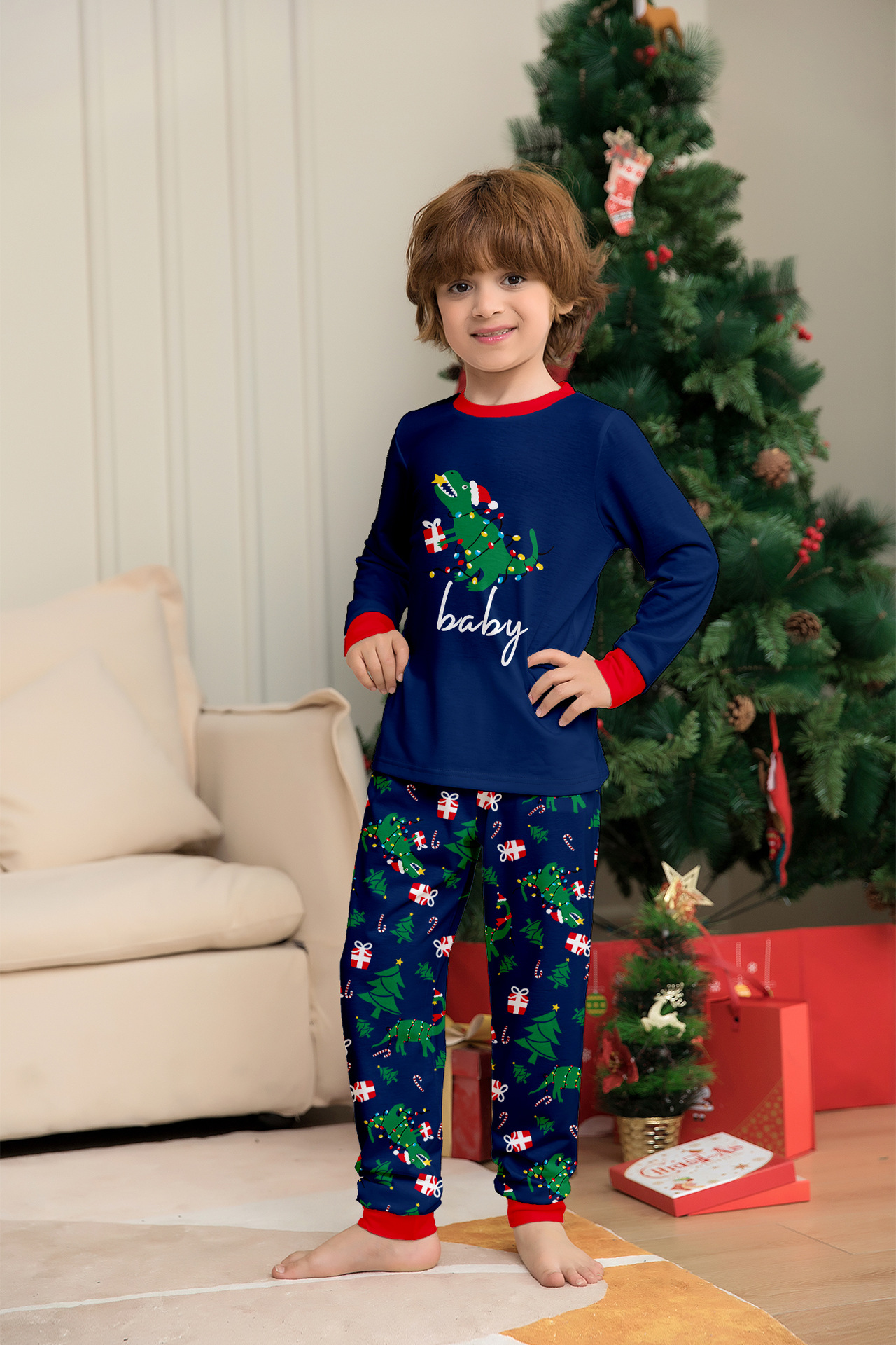 Navy Dinosaur Christmas Family Pajamas