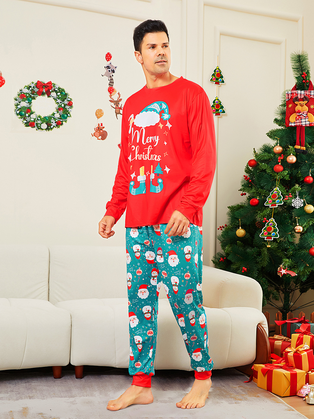 Red‑Green Santa Snowman Family Pajamas
