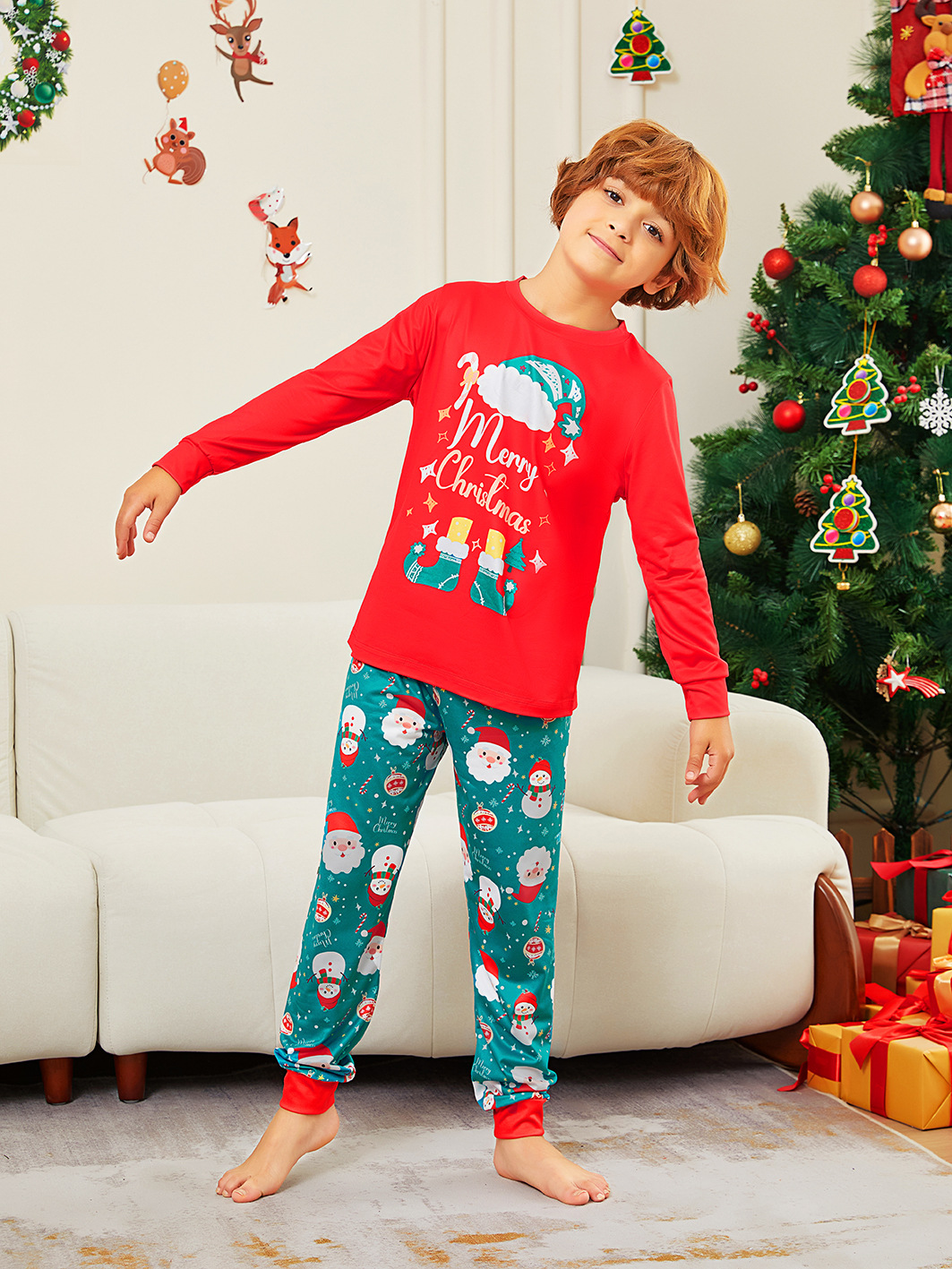 Red‑Green Santa Snowman Family Pajamas