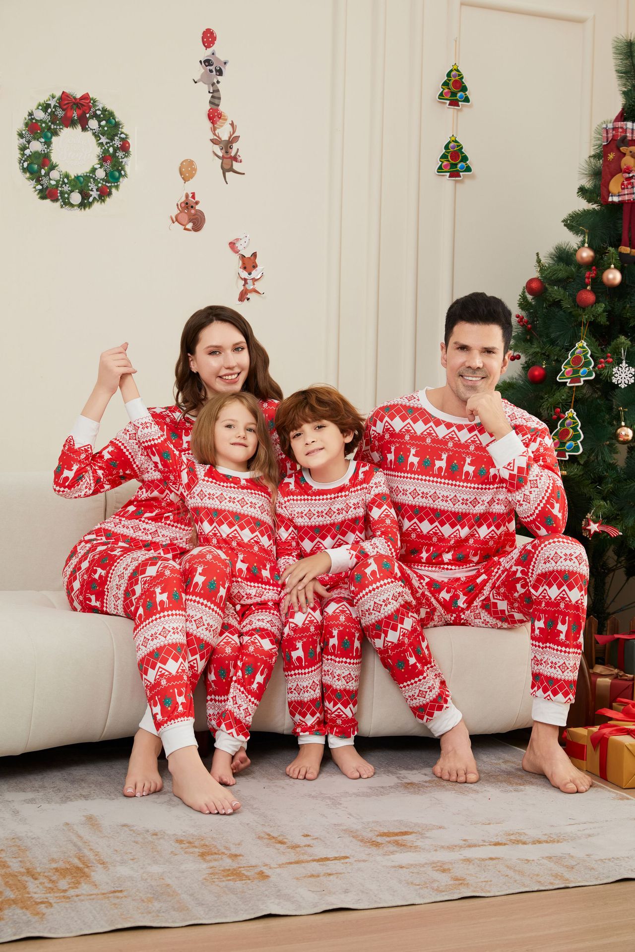 Red Knit‑Style Reindeer Family Pajamas