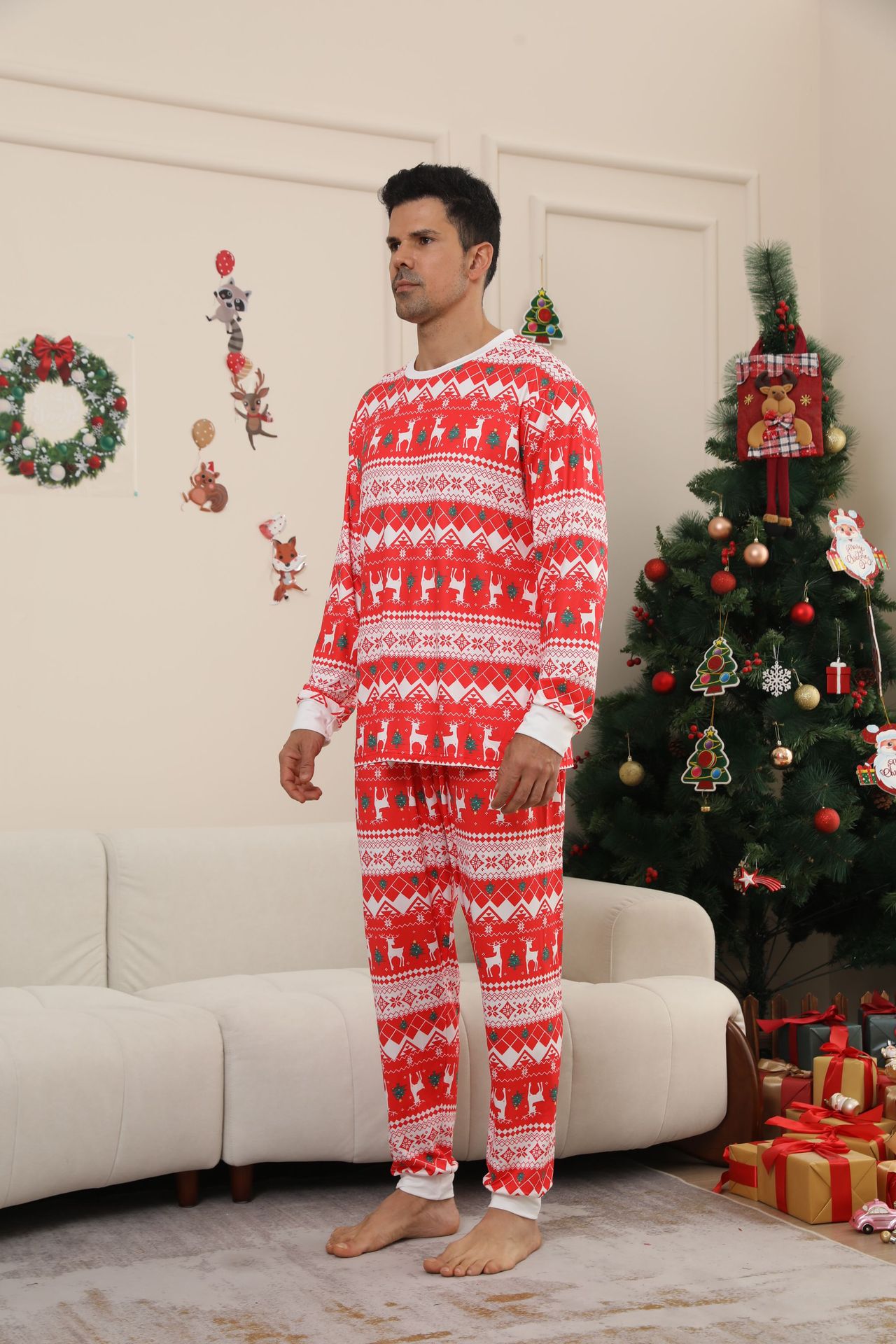 Red Knit‑Style Reindeer Family Pajamas