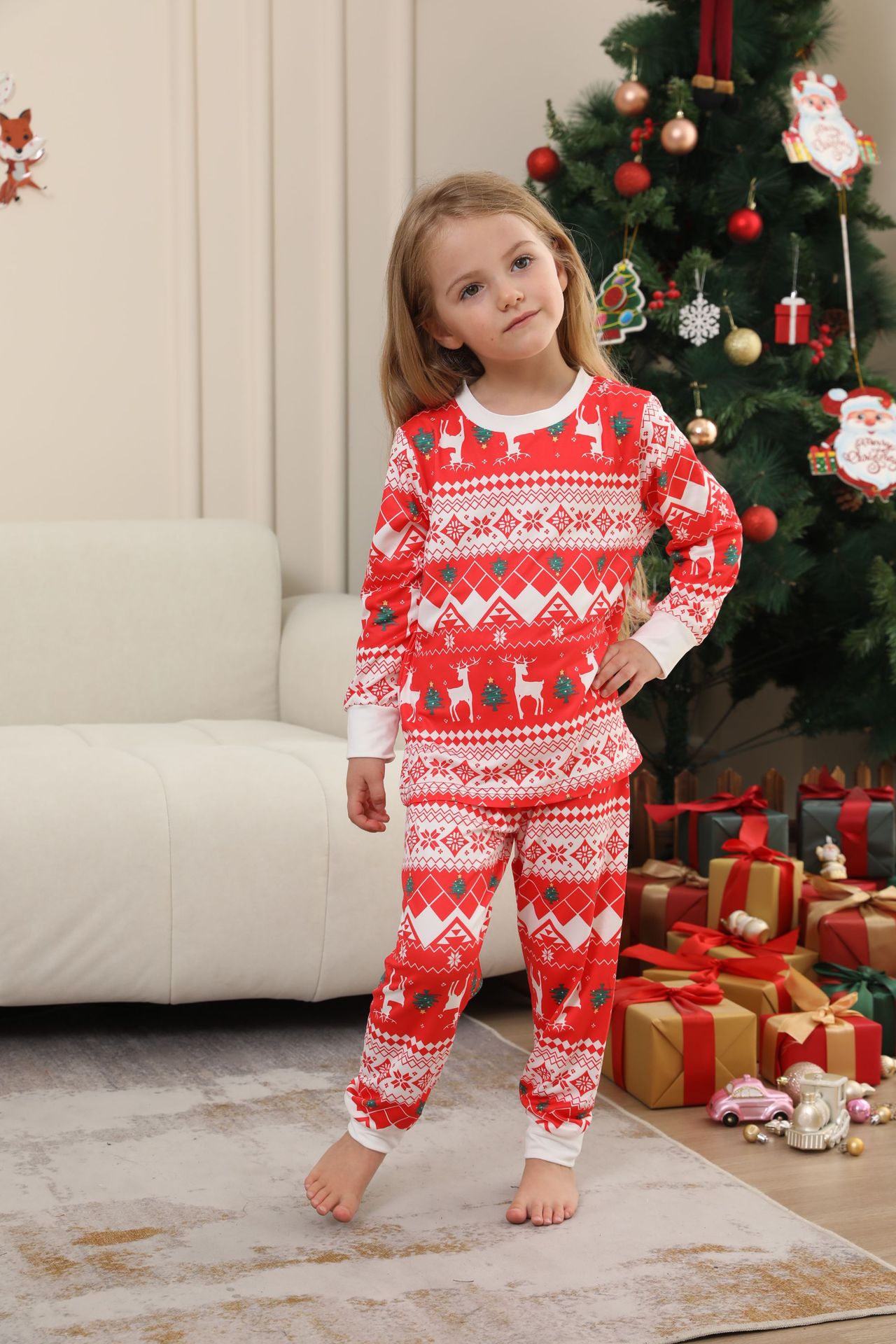 Red Knit‑Style Reindeer Family Pajamas