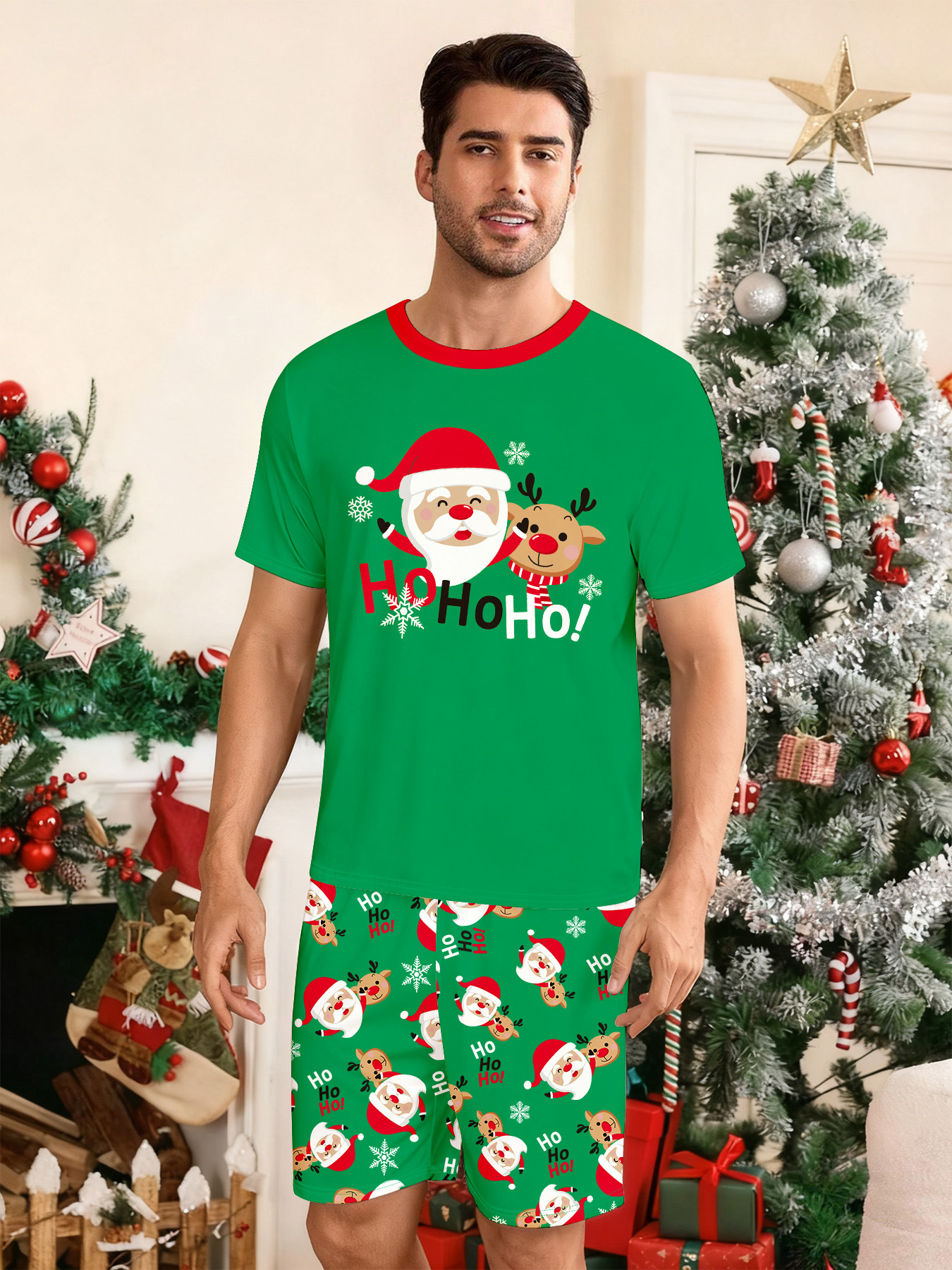 Green Short‑Sleeve Santa Reindeer Family Pajamas