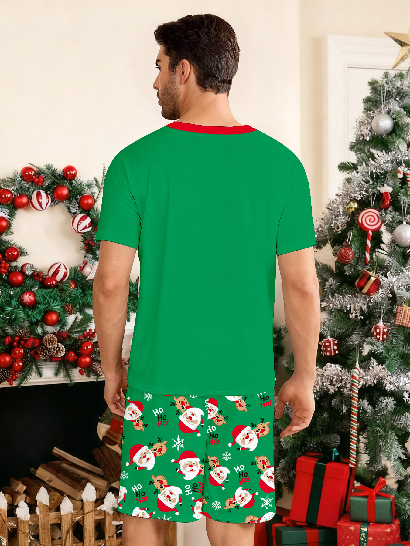 Green Short‑Sleeve Santa Reindeer Family Pajamas
