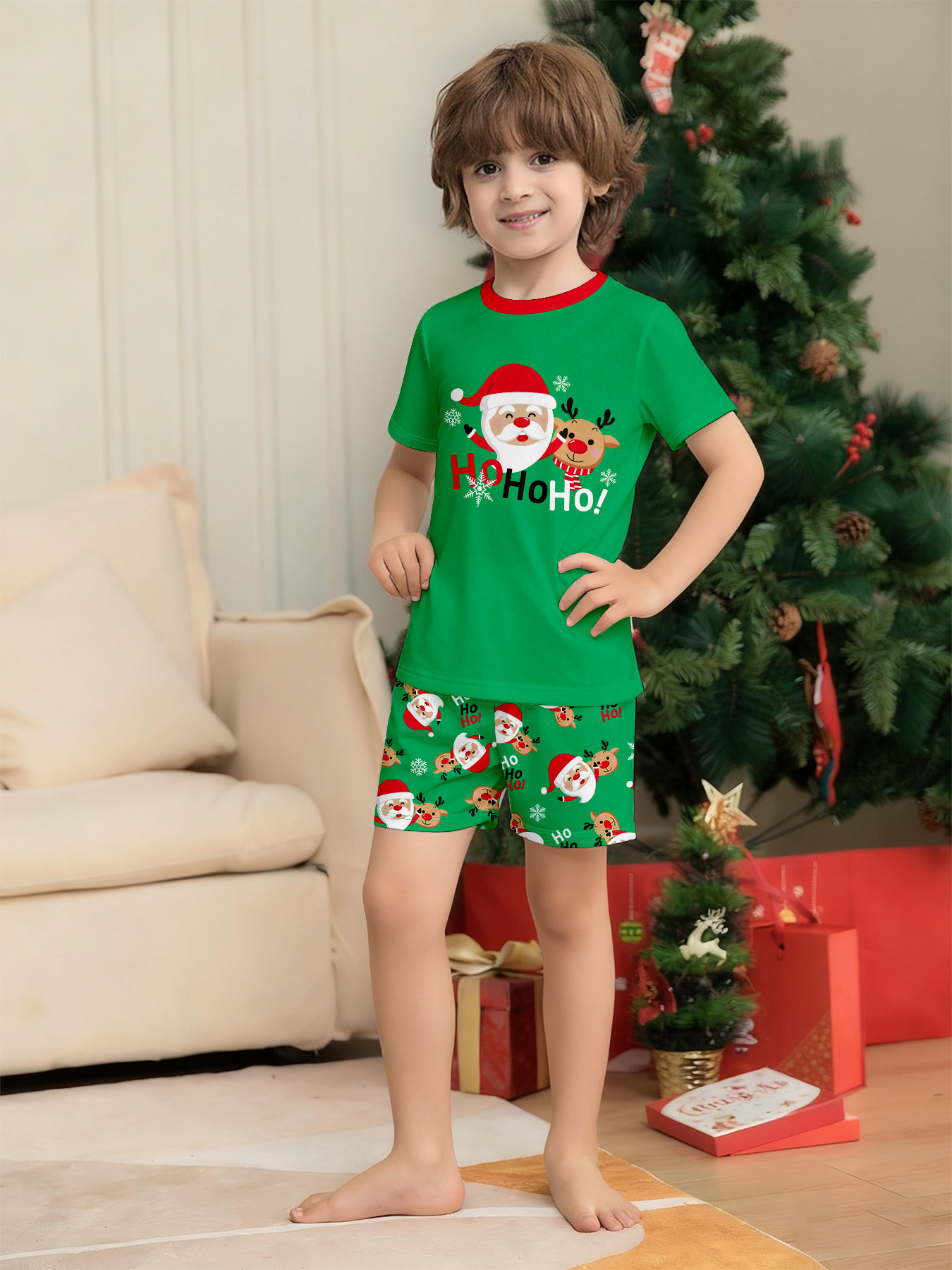 Green Short‑Sleeve Santa Reindeer Family Pajamas