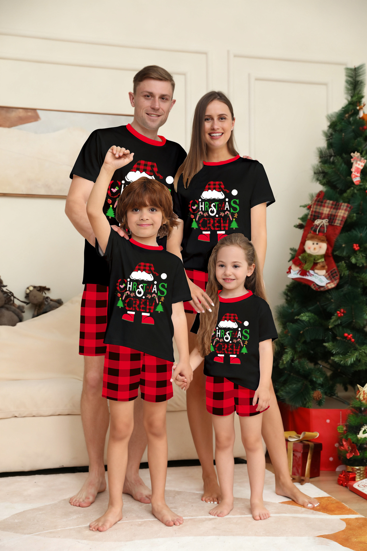 Black Short‑Sleeve Christmas Crew Family Pajamas