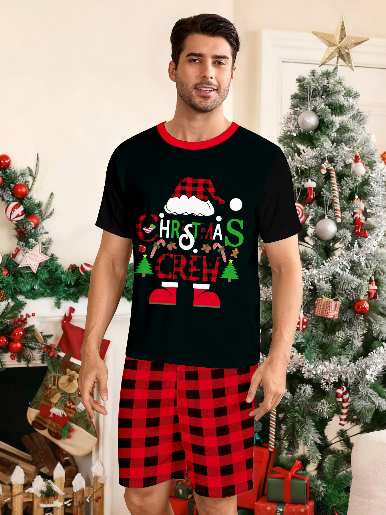 Black Short‑Sleeve Christmas Crew Family Pajamas