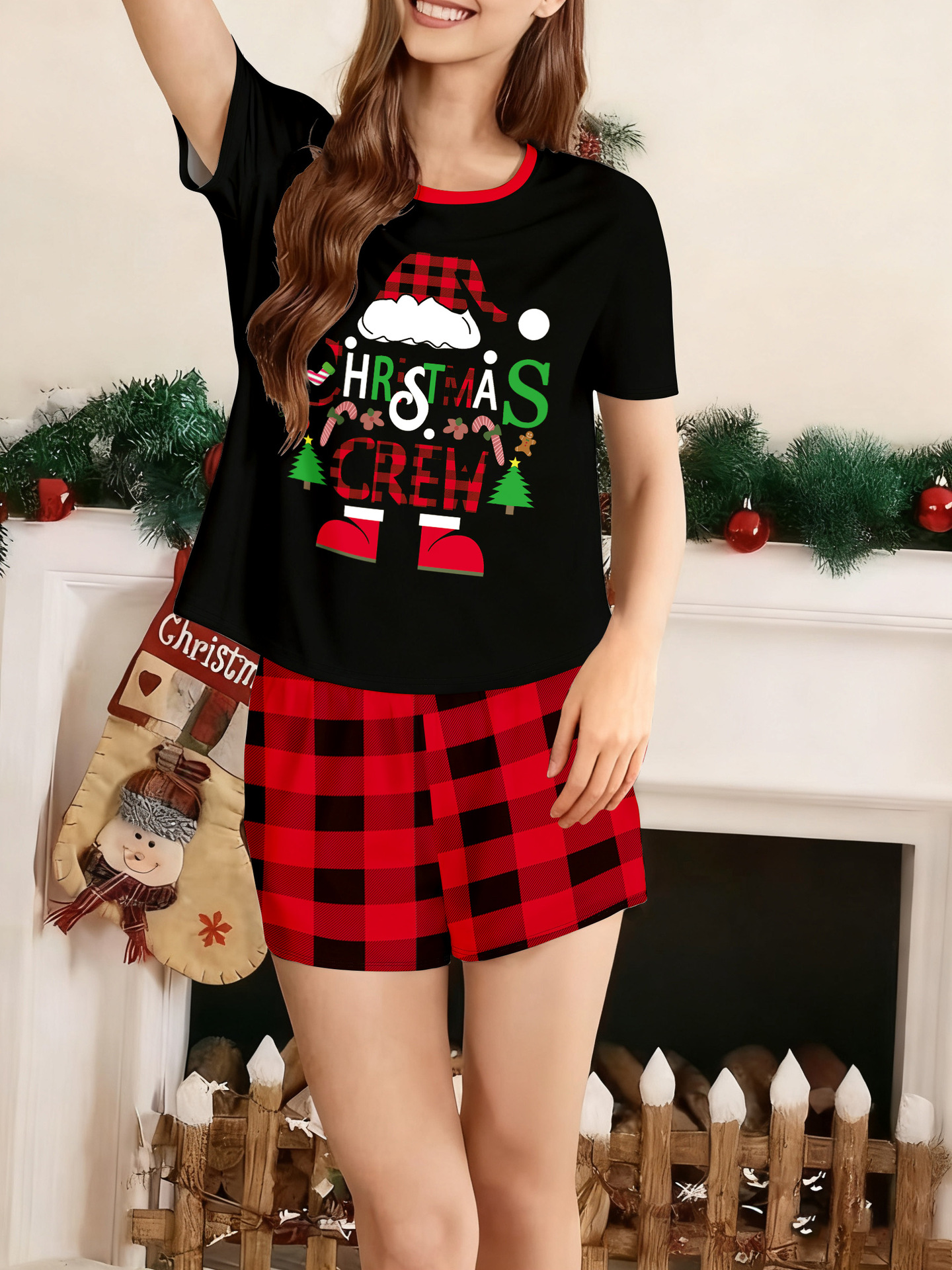 Black Short‑Sleeve Christmas Crew Family Pajamas
