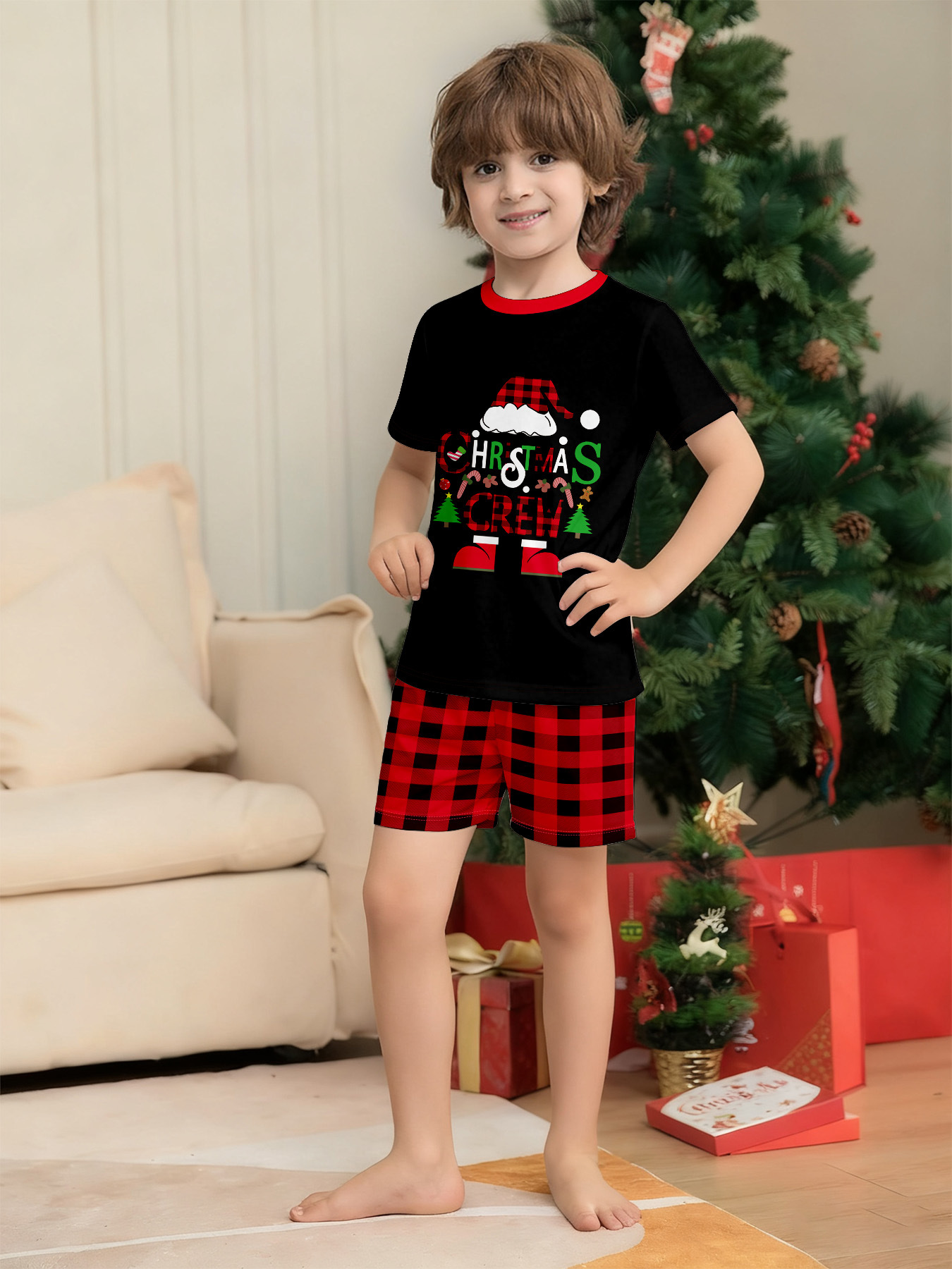 Black Short‑Sleeve Christmas Crew Family Pajamas