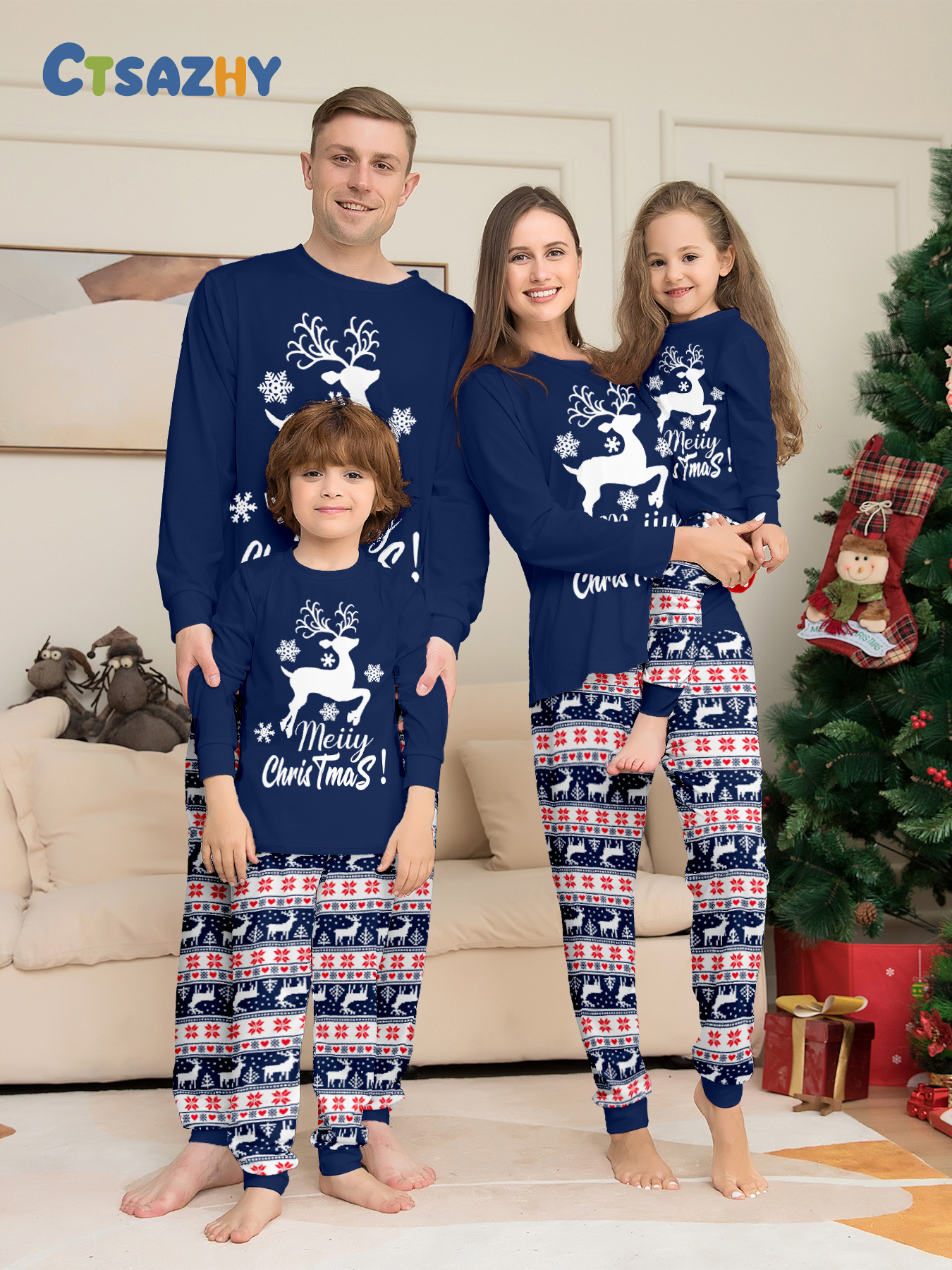 Navy Blue Reindeer Letter Family Pajamas