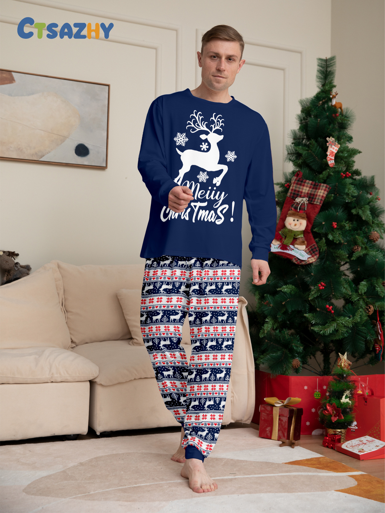 Navy Blue Reindeer Letter Family Pajamas