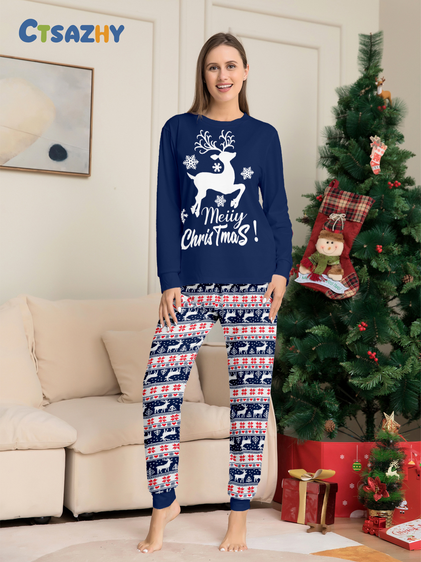 Navy Blue Reindeer Letter Family Pajamas