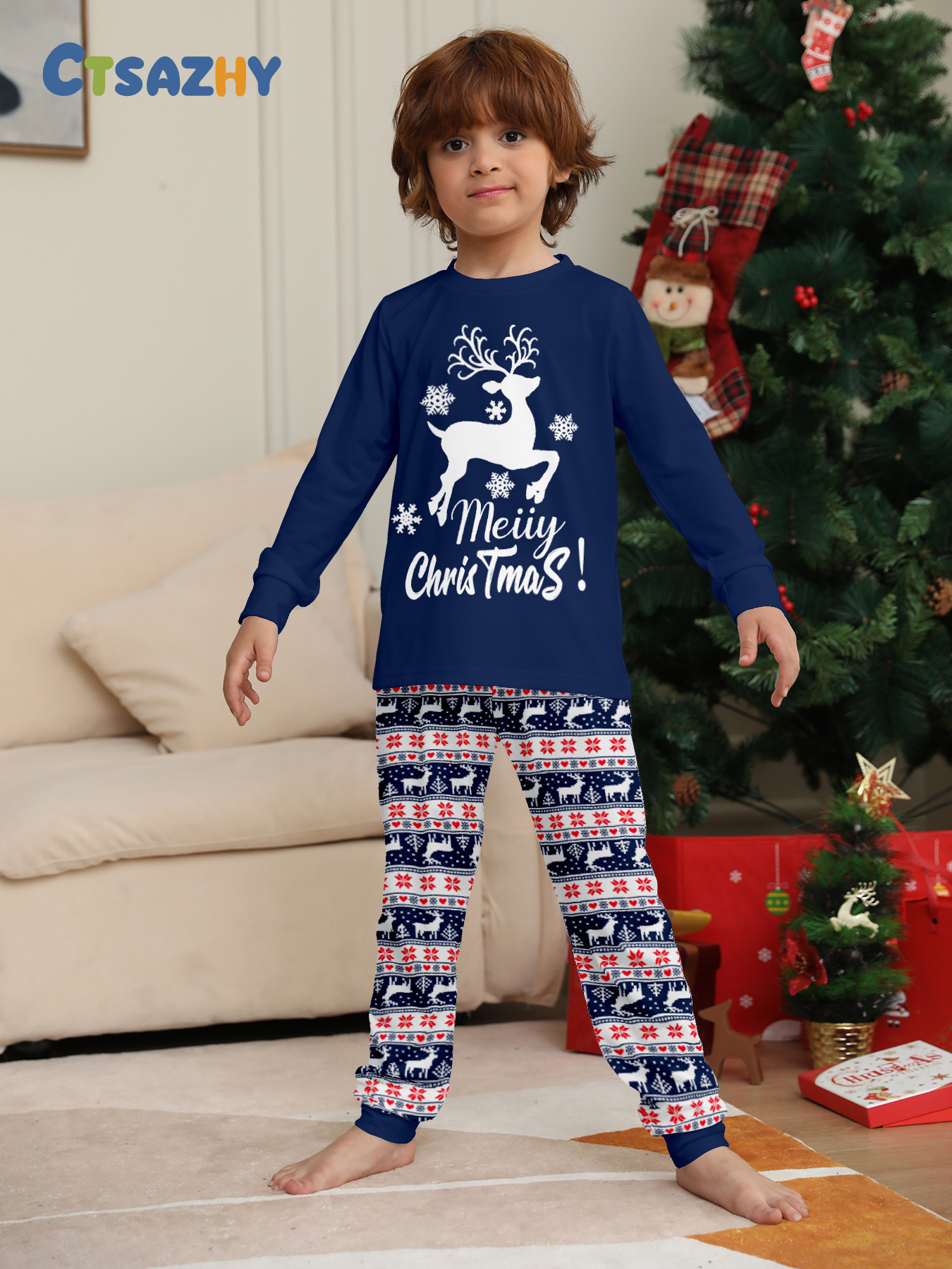 Navy Blue Reindeer Letter Family Pajamas