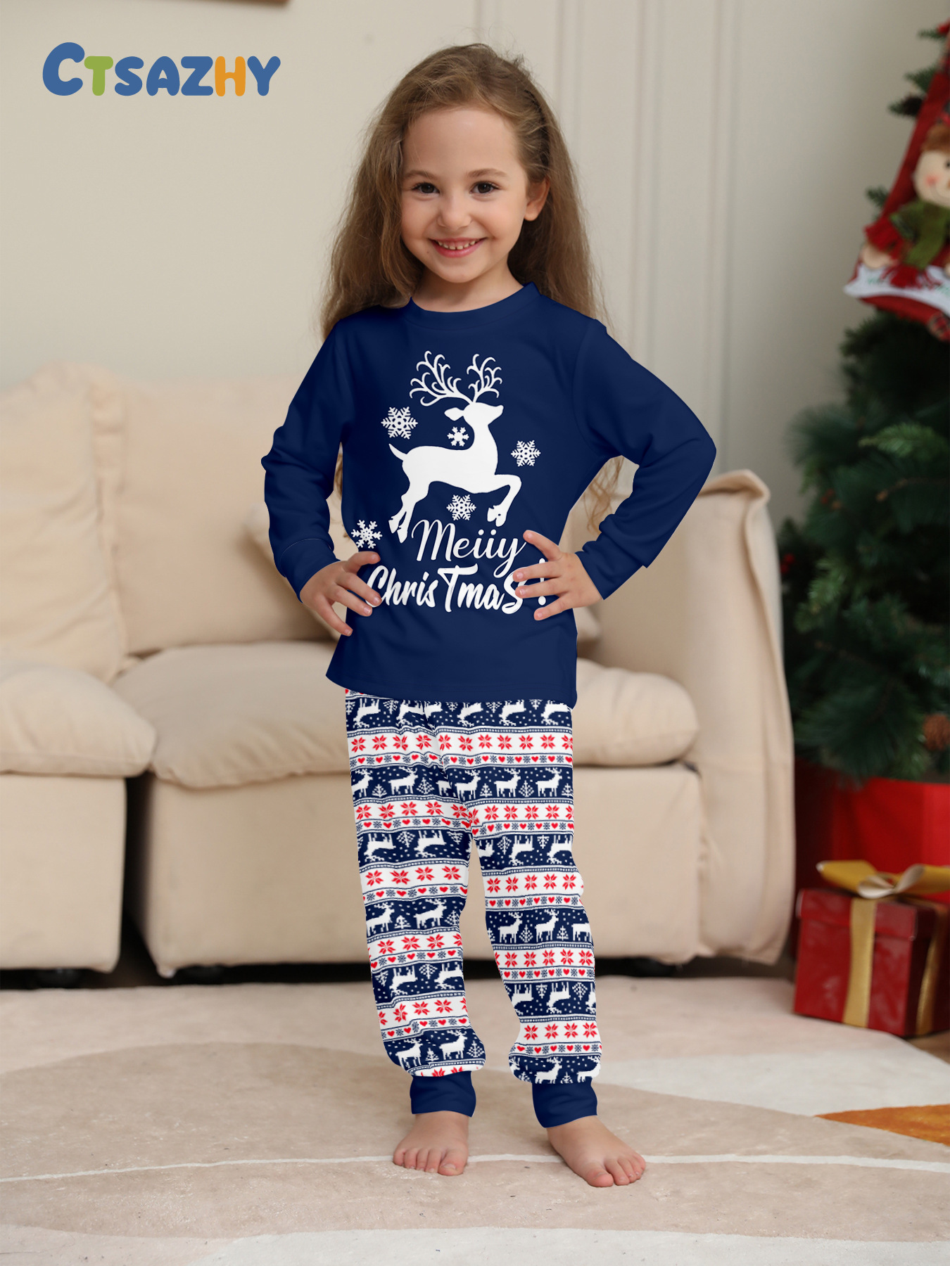 Navy Blue Reindeer Letter Family Pajamas