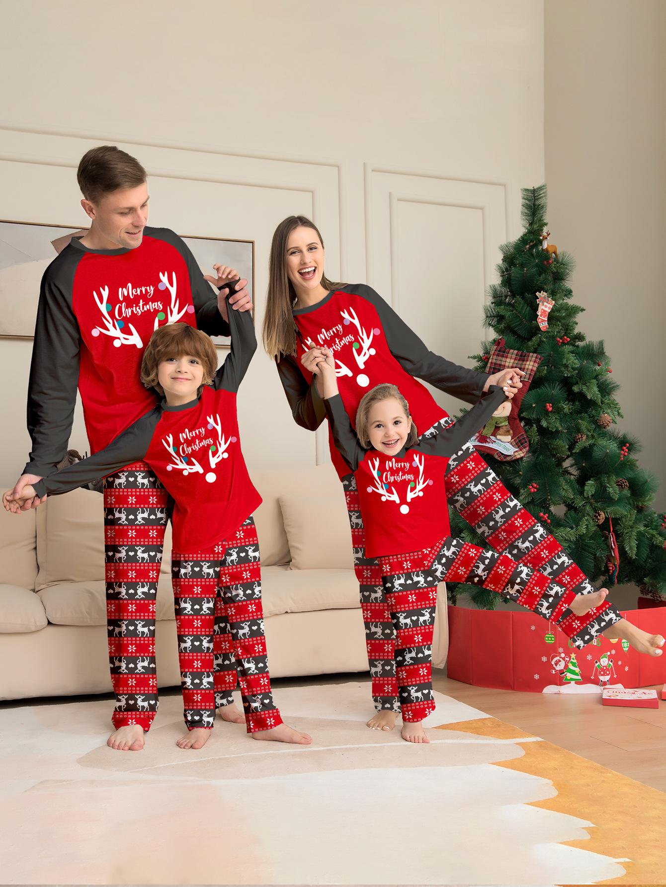 Red‑Black Reindeer Print Family Pajamas