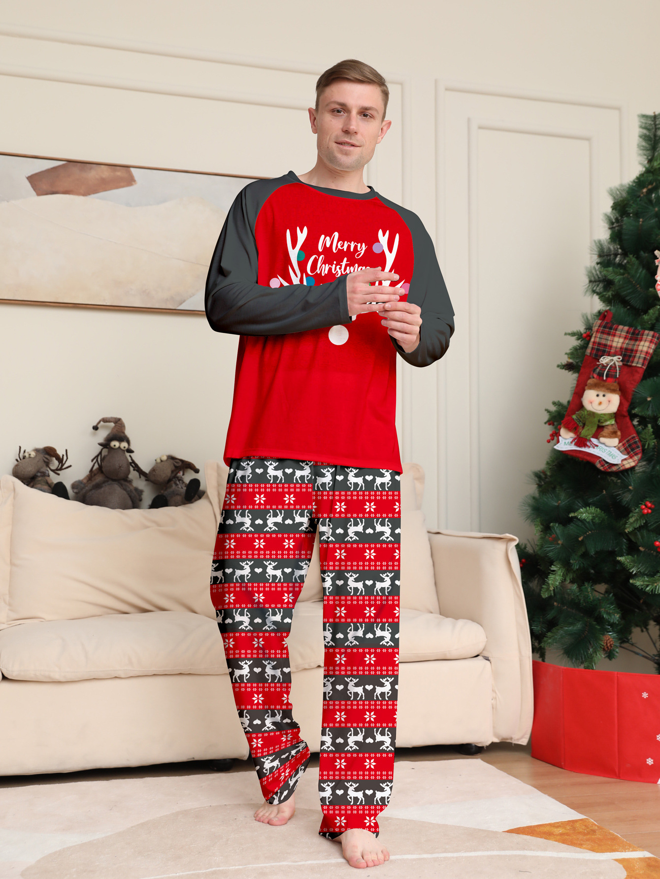 Red‑Black Reindeer Print Family Pajamas
