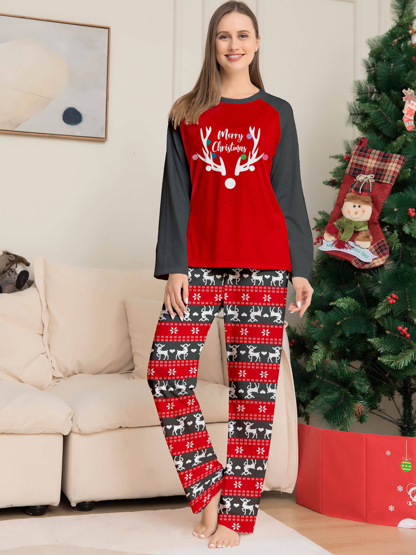 Red‑Black Reindeer Print Family Pajamas