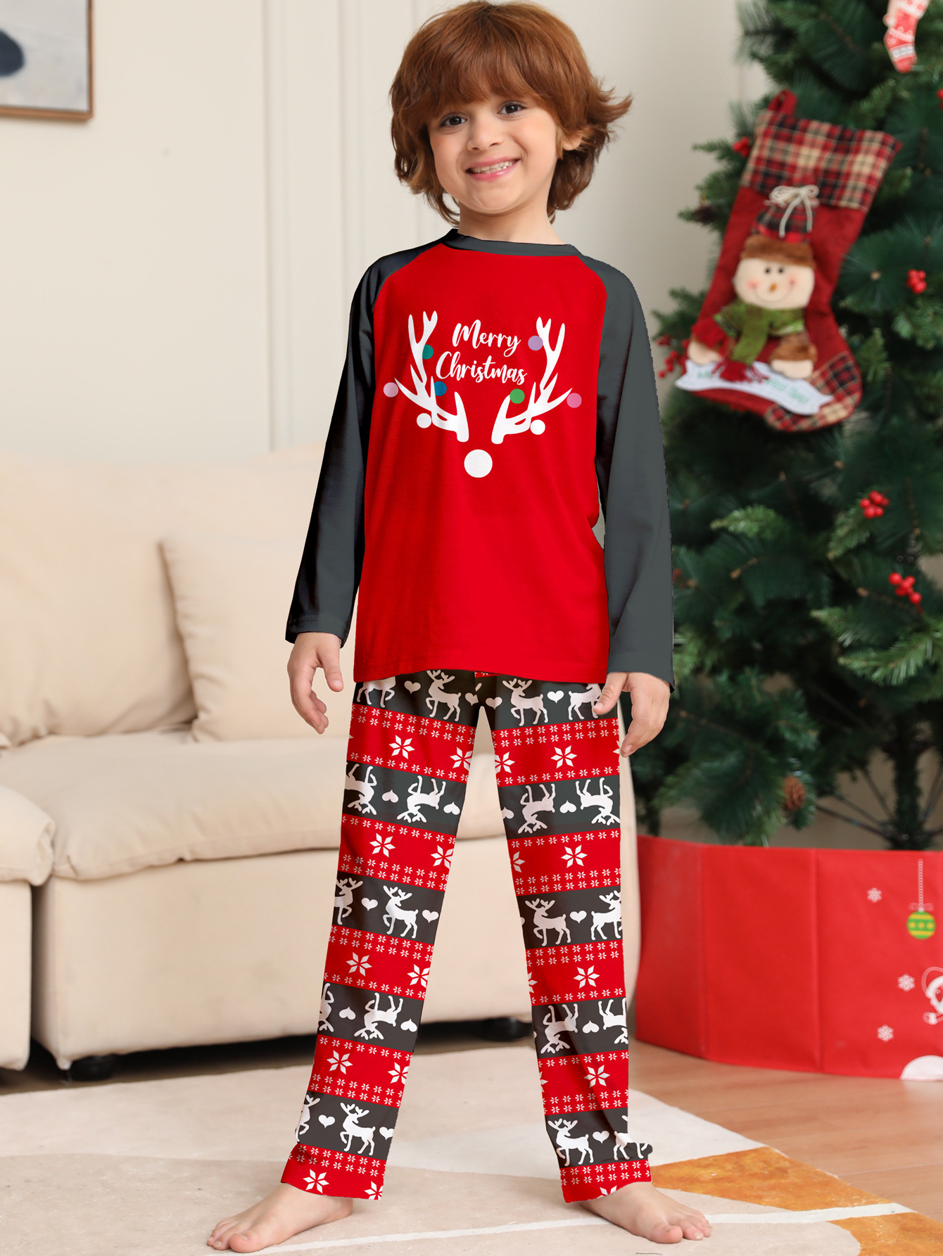Red‑Black Reindeer Print Family Pajamas